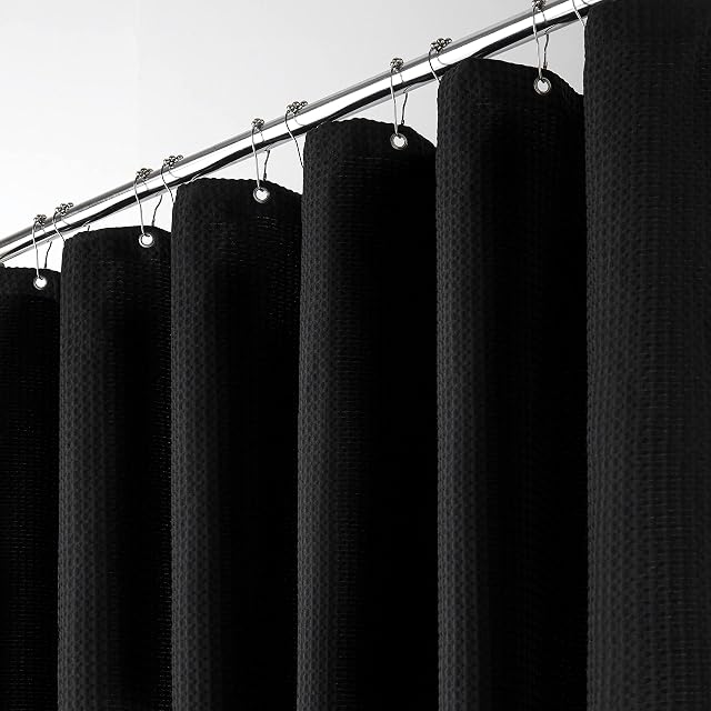 BTTN 180 x 210cm Drop Waffle Shower Curtain, Extra Long Weighted Mould Proof Resistant Fabric Shower Curtains, Hotel Luxury Waterproof Thick Cloth Shower Curtain Set with 12 Hooks (182x214cm, Black)
