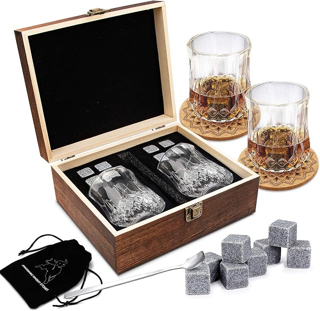 Whisky Glass Gift Set, 8 Granite Wine Stones,2 Whisky Glasses with Stainless Steel Spoon,2 Coasters & Storage Pouch in Premium Wooden Box, Reusable Chilling Stones, Valentine Gift for Men Friend