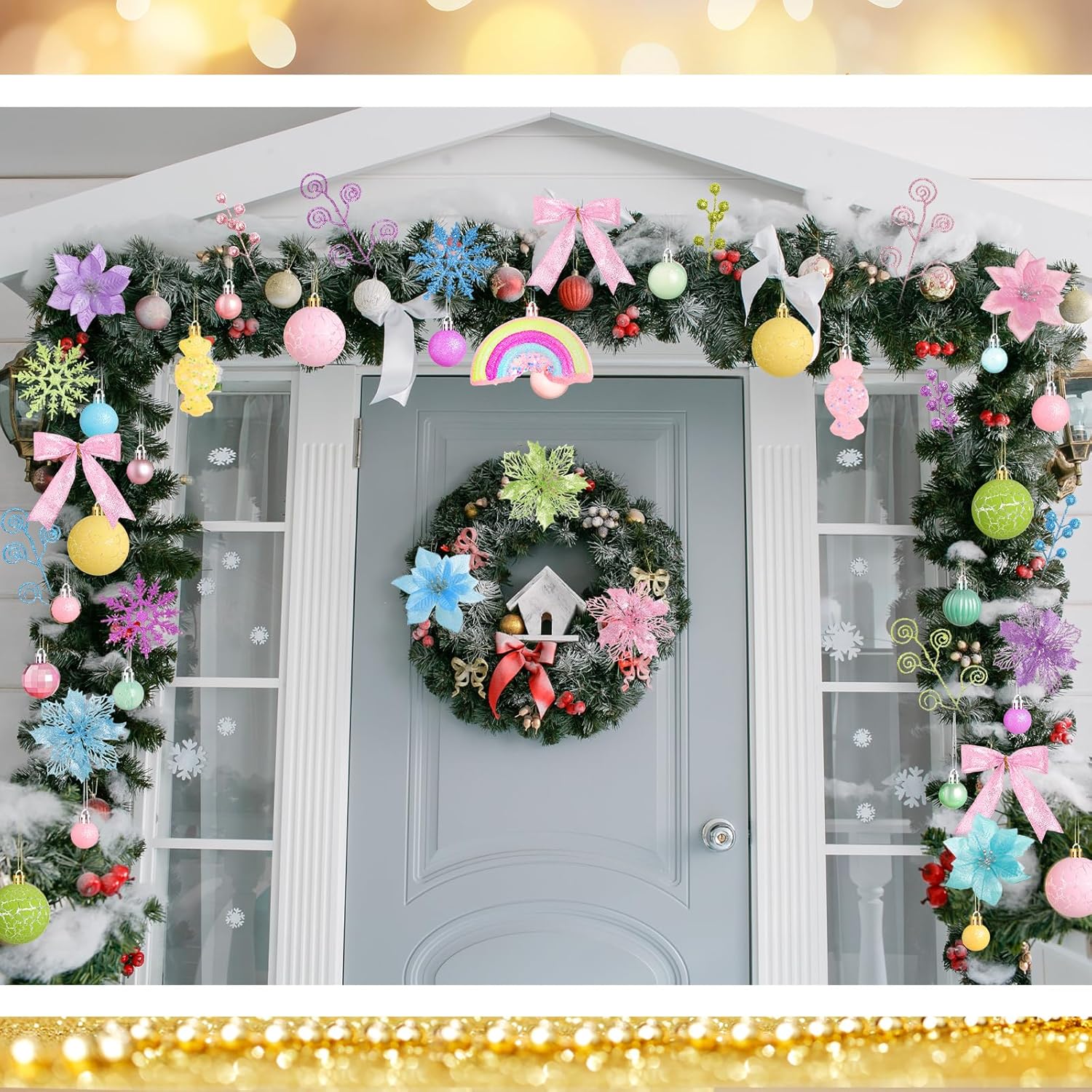 Syhood 94 Pcs Pastel Christmas Tree Ornaments Set Including Christmas Candy Ornaments Glitter Poinsettia Bows Glitter Berry Candy Curly Sticks Snowflakes Ribbon LED Lights for Xmas Holiday Decor