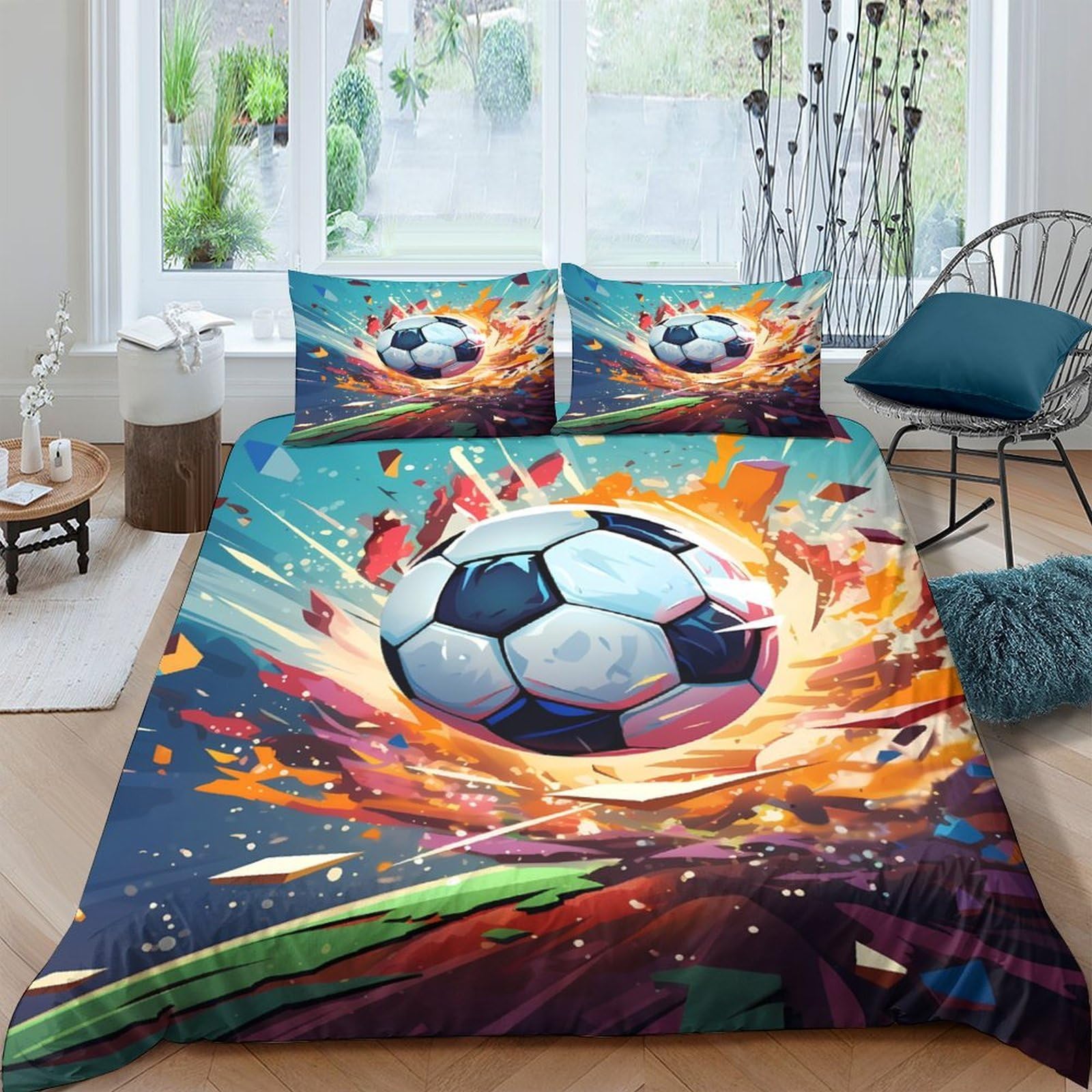 Ctjqhvkz Style-8 3D Printed Soccer Explosion Fitted Sheet Microfiber Vibrant Fireball Bed Cover For Bedroom Dorm Mattress Protection Decor Single（135X200cm）