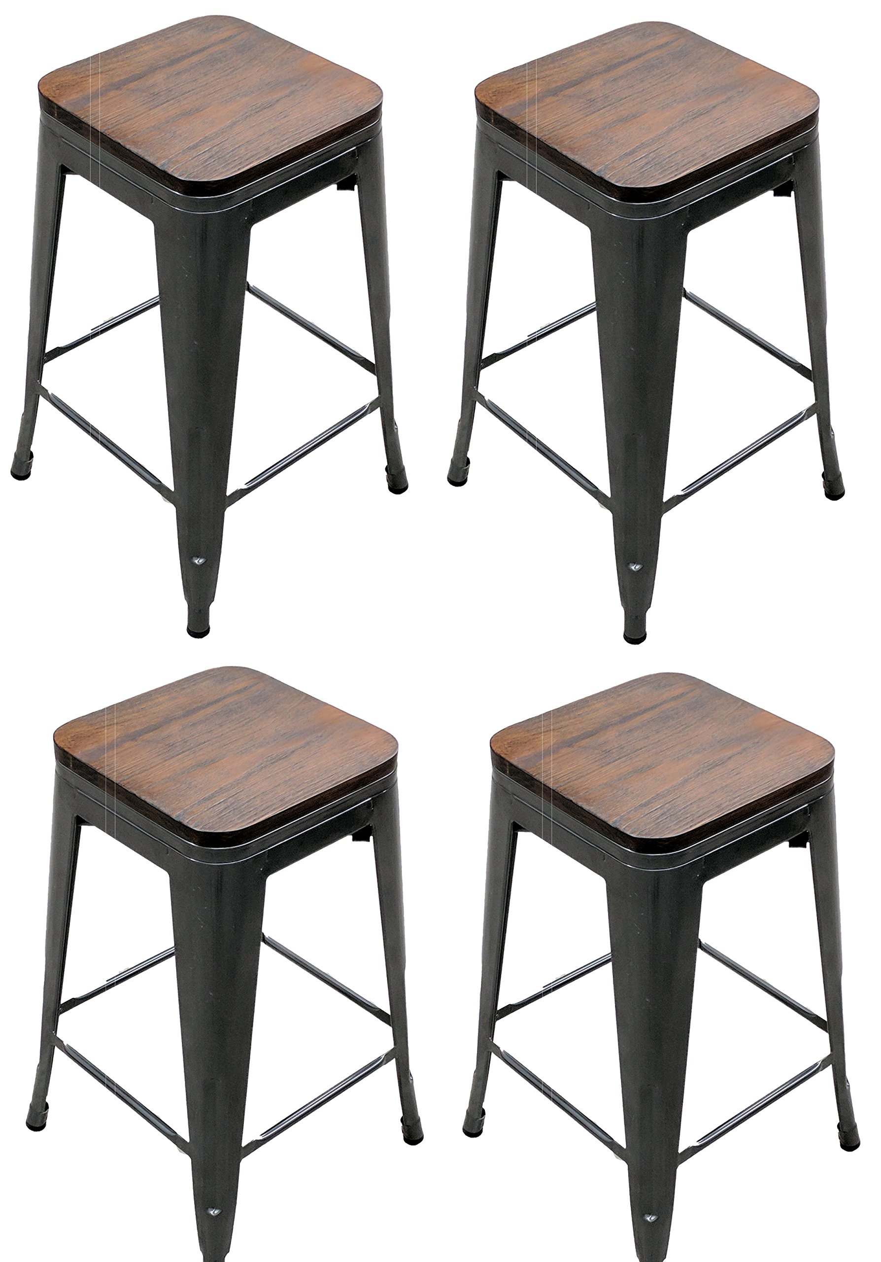 Titan Outdoors Distressed Gunmetal Stamped Stacking Bar Stool Set of 4 w/Wood Seat