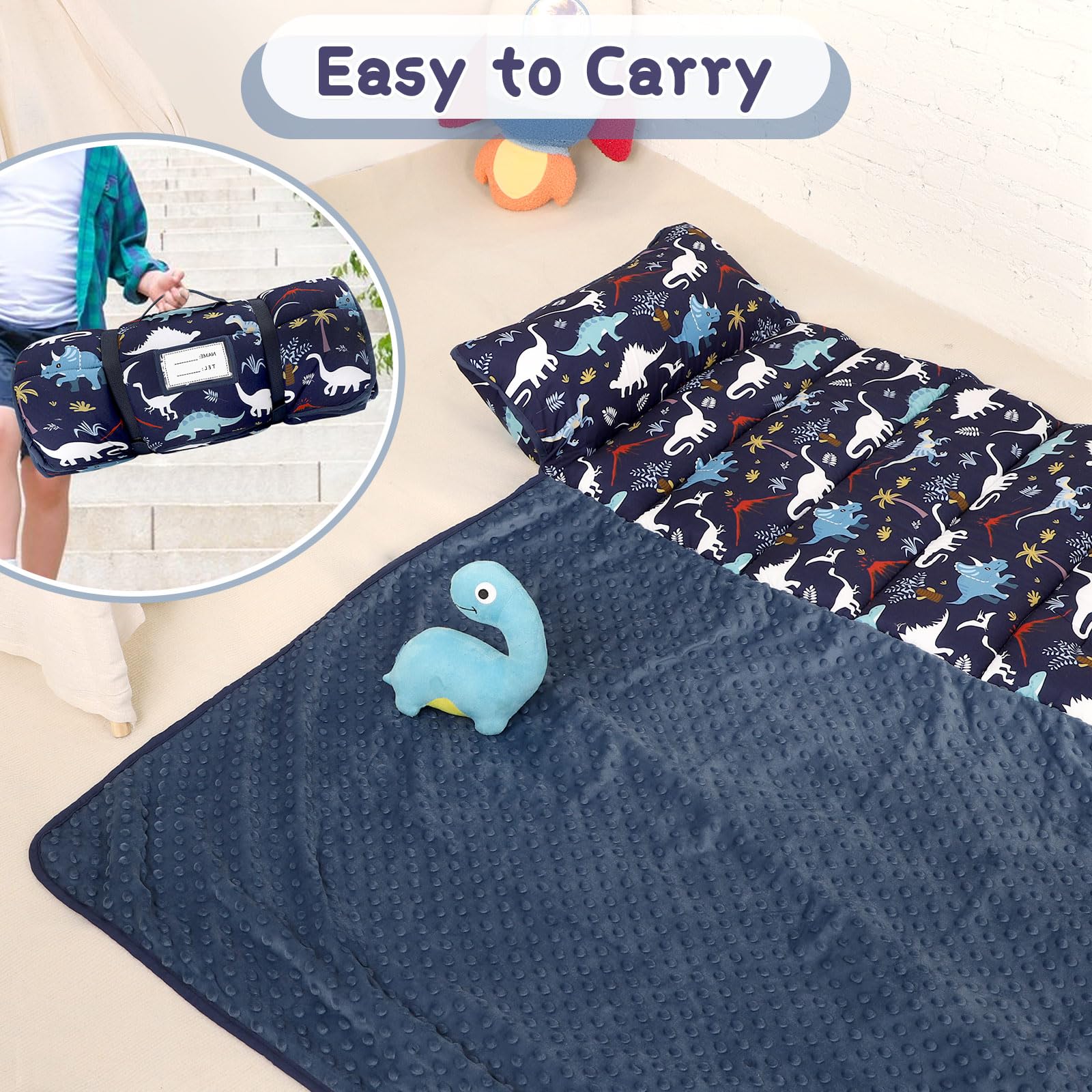 GFU Toddler Nap Mat with Removable Pillow, Rolled Nap Mats for Boys Preschool, Cute Sleeping Bag for Daycare, Napping Mats for Kids with Soft Dot Minky Blanket Ages 3-7 Years, Blue Dinosaurs