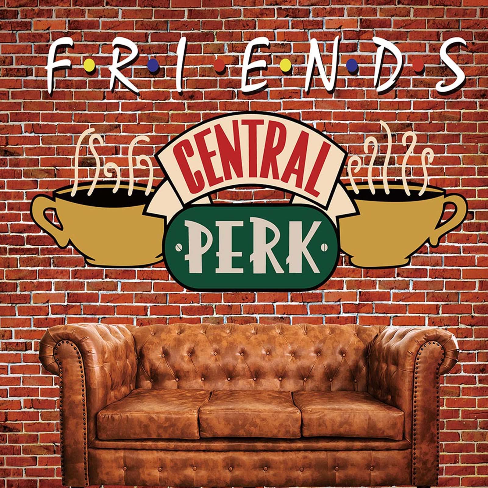 8x8ft Red Brick Wall Sofa Coffee Shop Photography Backdrop Friends Central Perk Pub Photo Background for 80s 90s Friends Birthday Party Decoration Banner