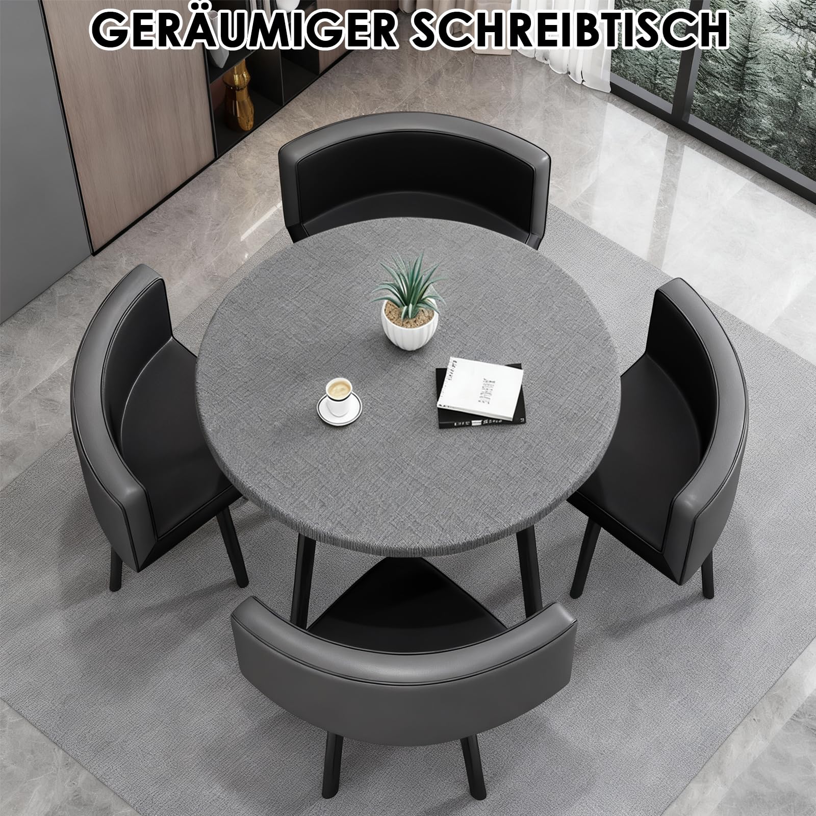 Runder Esstisch mit 4 Stühlen - Essgruppe 5-Teilig Komplettset - Küchentisch Sitzgruppe für für Küche/Esszimmer - Wohnzimmer und Büro 4-6 Sitzplätze (Grey – Round)