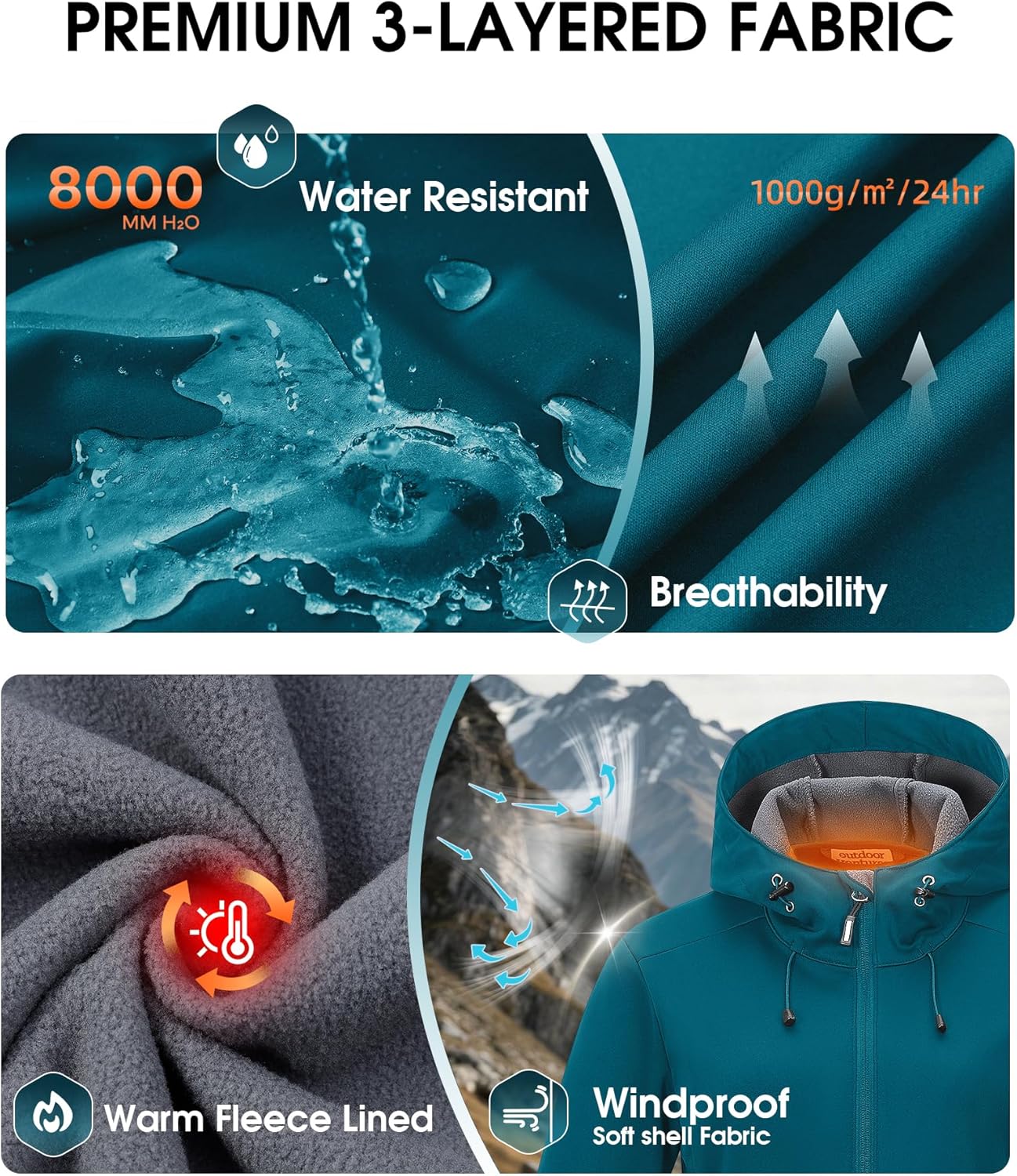 Outdoor Ventures Women's Softshell Jacket Waterproof Warm Fleece Lined Lightweight Windproof Hooded Insulated Windbreaker - Image 2