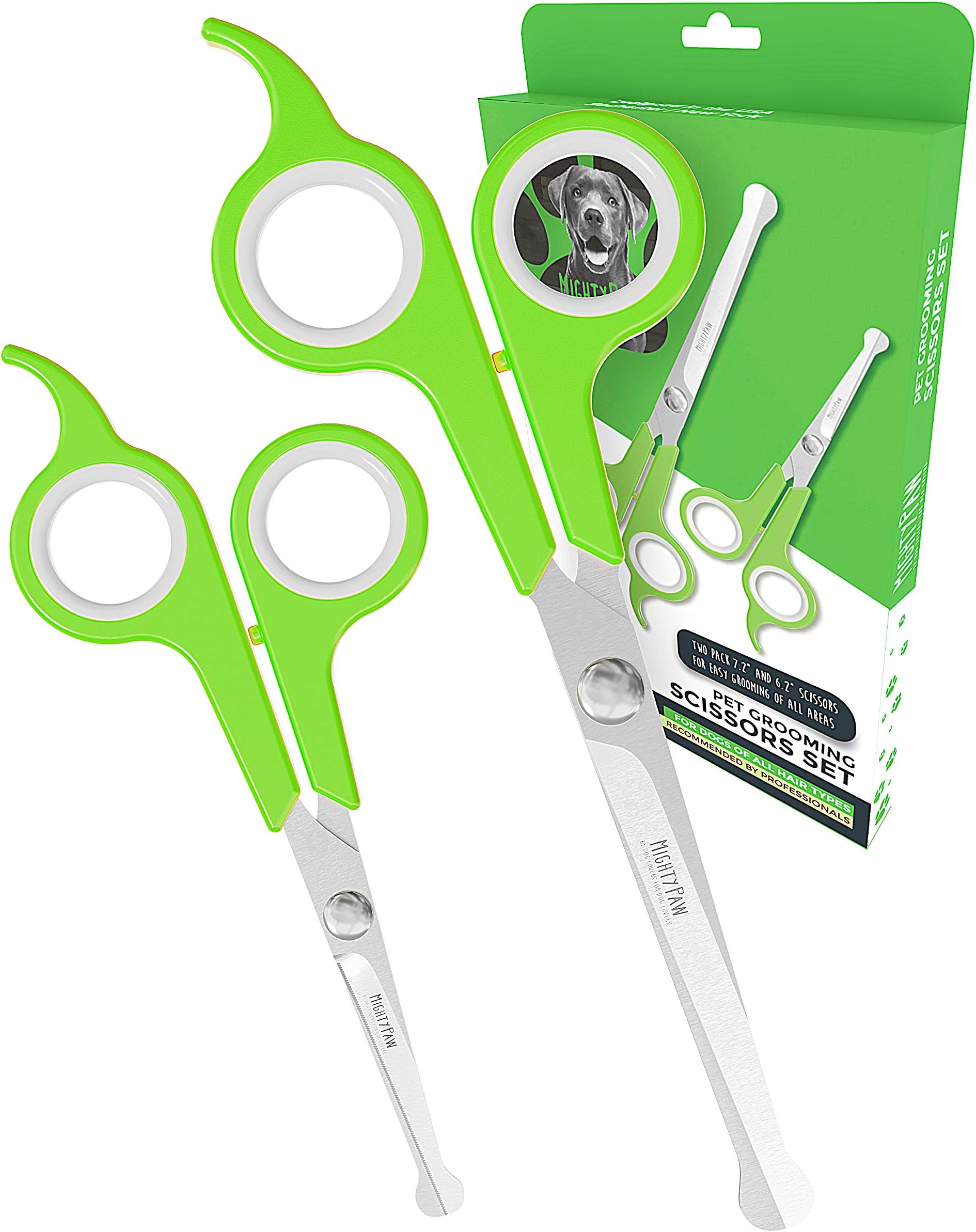 Mighty PawDog Grooming Scissors (2 Pack) | Professional Ergonomic Pet Grooming Scissors with Rounded Safety Tips & 2mm Sharp Stainless Steel Blades. for Body, Paw and Face Hair Trimming (Green)