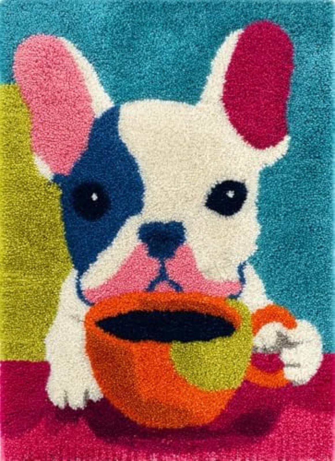 XDEGHUANGSS Latch Hook Rug Kit French Bulldog Puppy Drink Coffee Cushion Cover DIY Craft Set Pre-Printed Mat 38x52cm for Home Decor-4