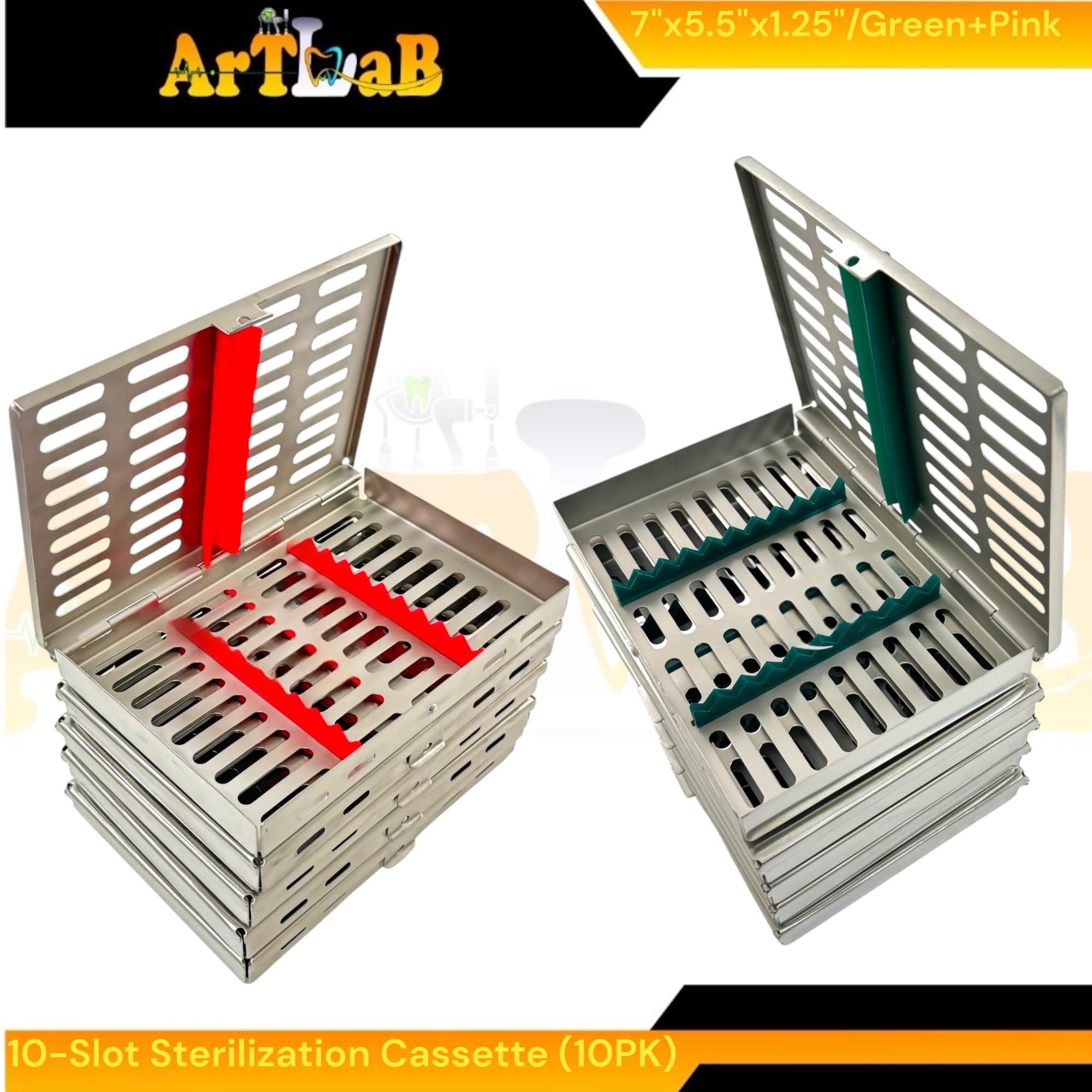 Pack of 10 Sterilization Cassette Boxes, 7in x 5.5in x 1.25in, with Green and Pink 10 Slot Silicone Inserts, Simultaneous Sterilization - German Steel