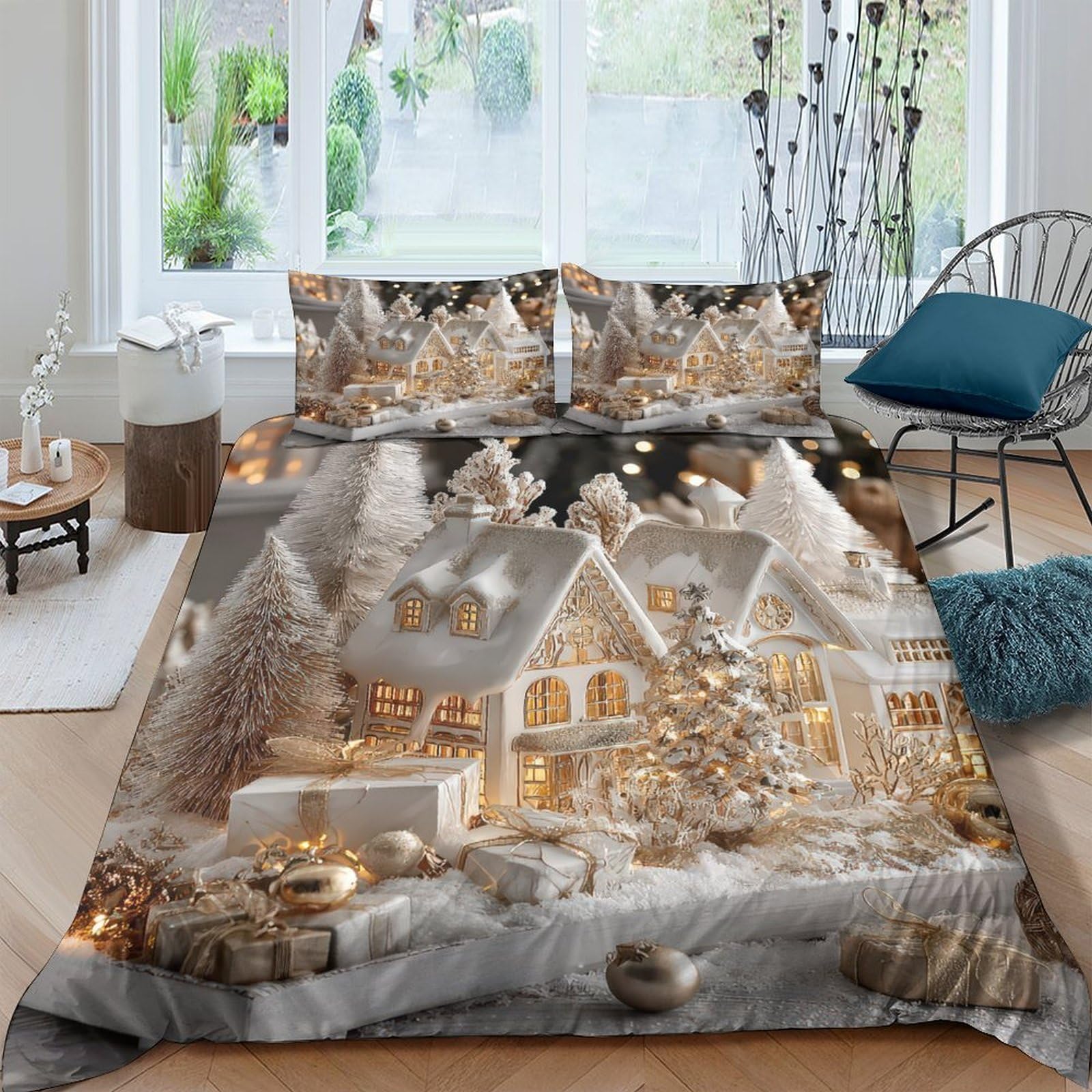 Ctjqhvkz Style-8 3D Printed Winter Snow House Fitted Sheet Microfiber Soft Christmas Village Mattress Cover For Bedroom Guest Room Decor Single（135X200cm）
