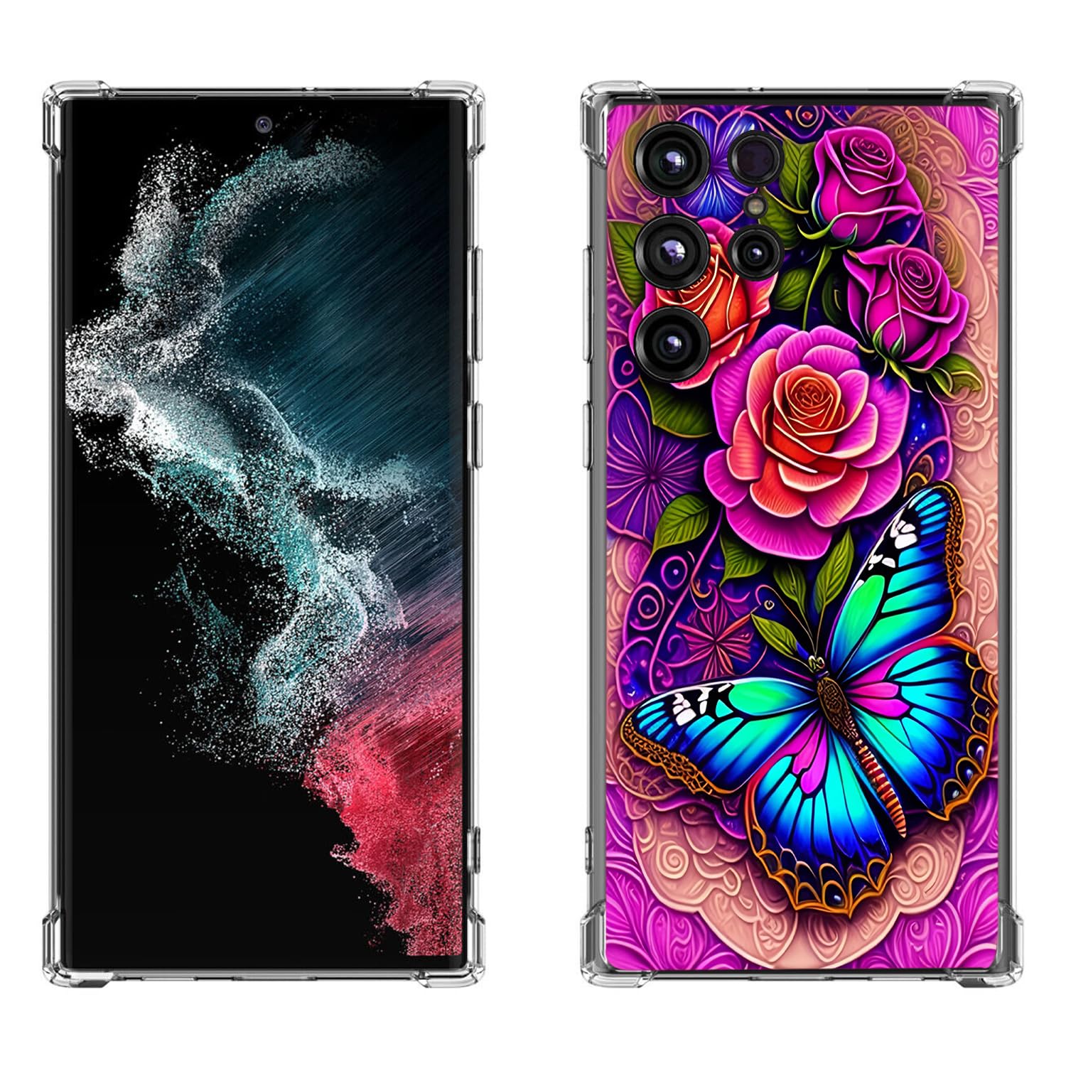 Beaucov Galaxy S24 Ultra Case,Blue Butterfly Flowers Rose Drop Protection Shockproof Case TPU Full Body Protective Scratch-Resistant Cover for Samsung