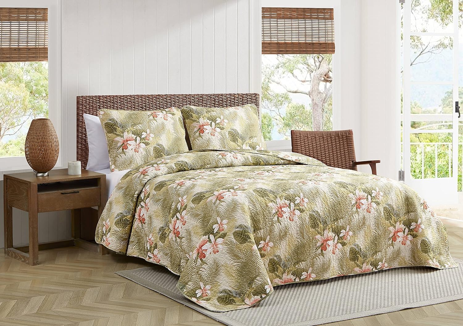 Tommy Bahama - King Quilt Set, Reversible Floral Bedding with Matching Shams, Bedding Set Seasons (Tropical Orchid Green, King)