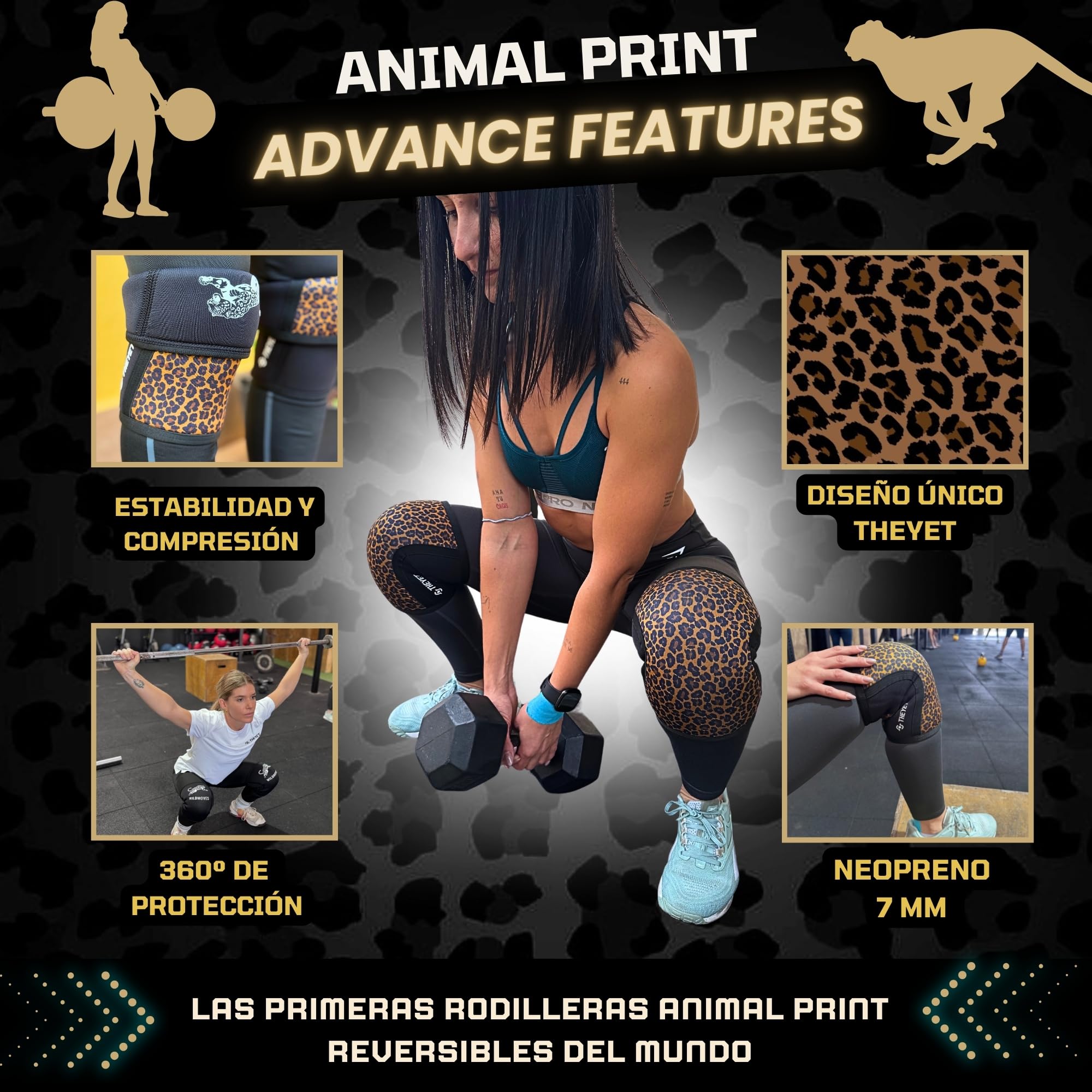 Theyet Rodilleras CrossFit Compresión Neopreno 7mm Reversibles Animal Print Par | Soporte Ajustable Mujer Protecciones deportivas Rodilla | Gimnasio Powerlifting Halterofilia Fitness Gym (M)