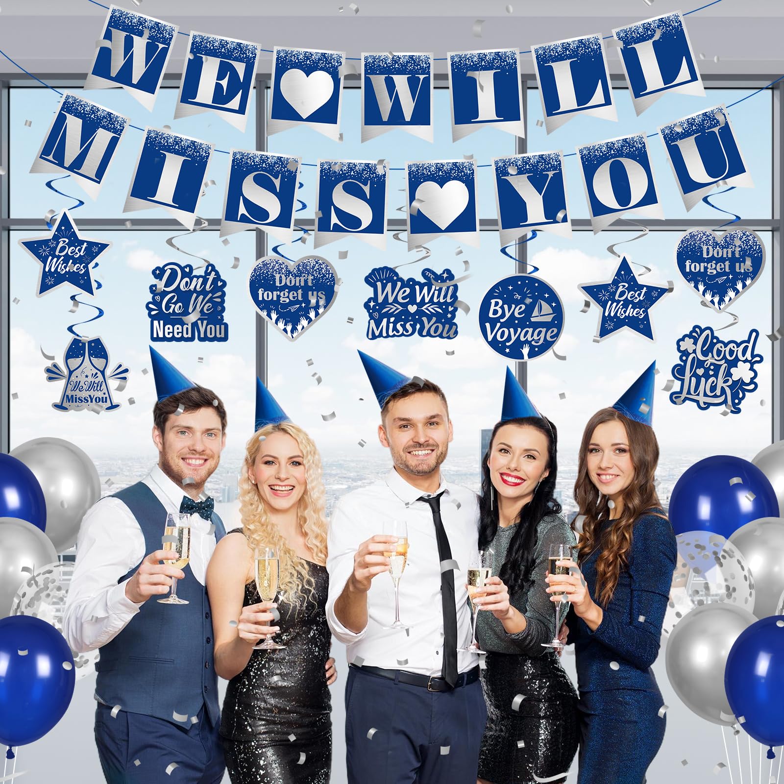 Blue Farewell Party Decorations Navy Blue Silver We Will Miss You Banner  and 14Pcs Good Luck Hanging Swirls for Retirement Farewell Going Away  Graduation Office Job Change Goodbye Party Supplies Decor :
