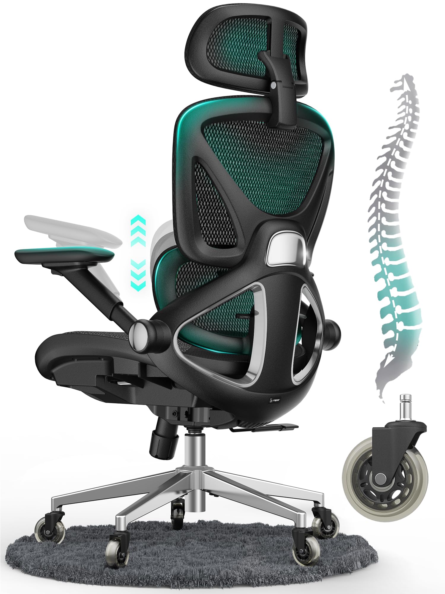 CAPOT Ergonomischer Bürostuhl aus Netzstoff, Verstellbarer Schreibtischstuhl mit hoher Rückenlehne, 180 kg, 4D-Klapparme, 3-stufige Neigungslehne, 3D-Kopfstütze, PU-Räder, drehbarer Computerstuhl für