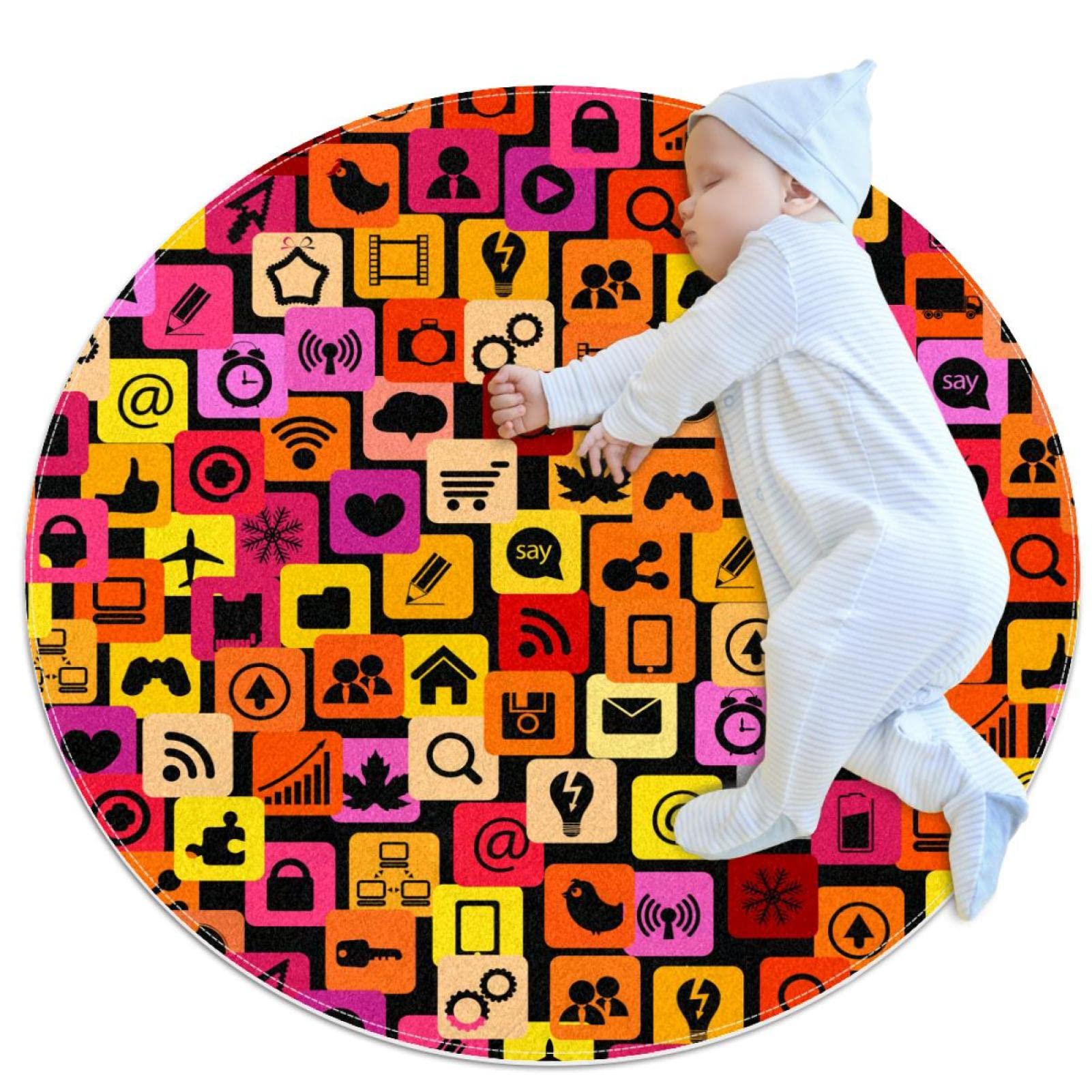 Tapis icônes des médias sociaux rond 100cm pour buanderie salon salle de jeux