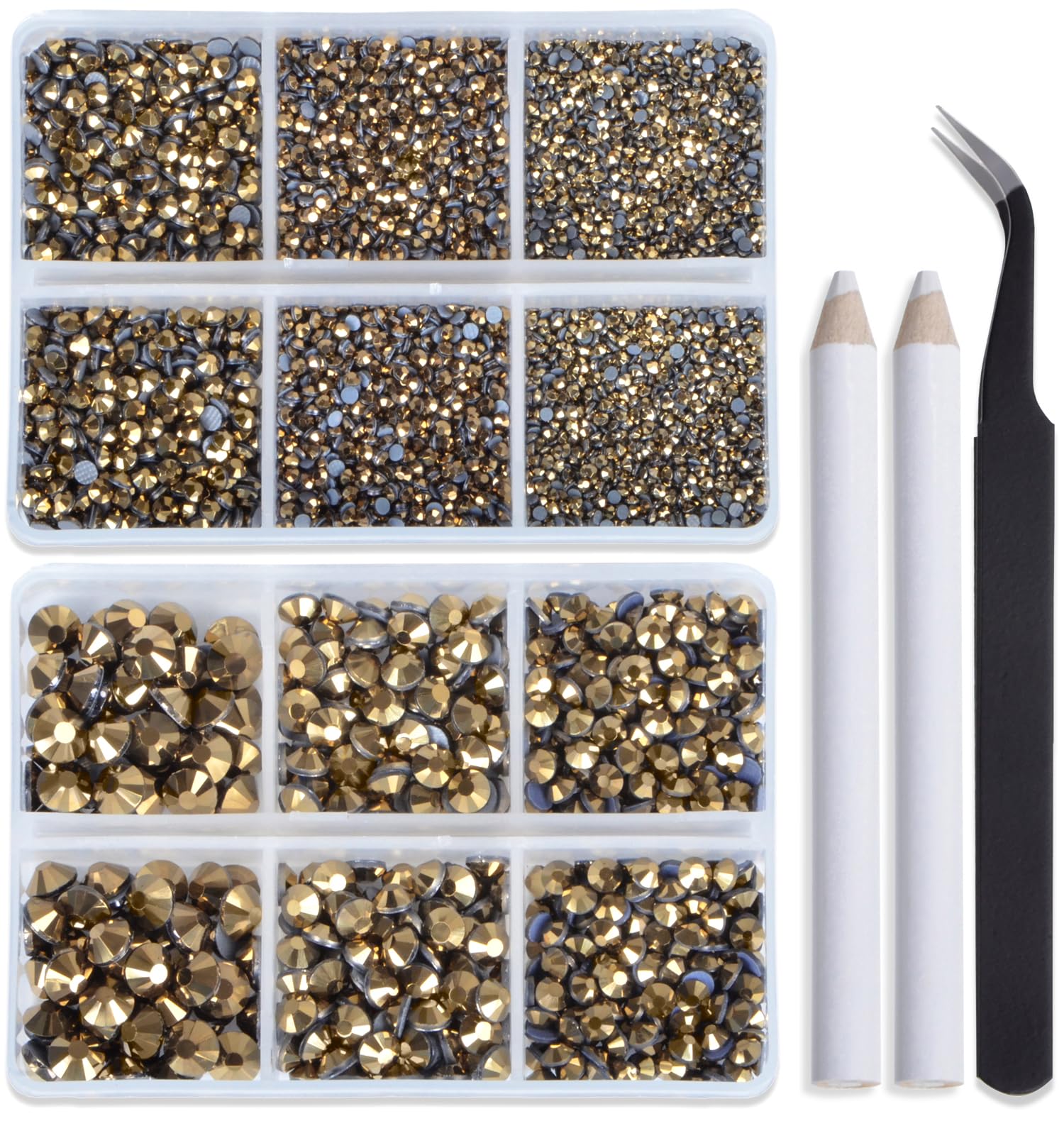 Bymitel Hotfix Crystal Rhinestones Round Gems for Crafts,Mixed 6 Sizes with Wax Pencil Kit, Aurum 1.6-6.3mm SS4-SS30/8000pcs