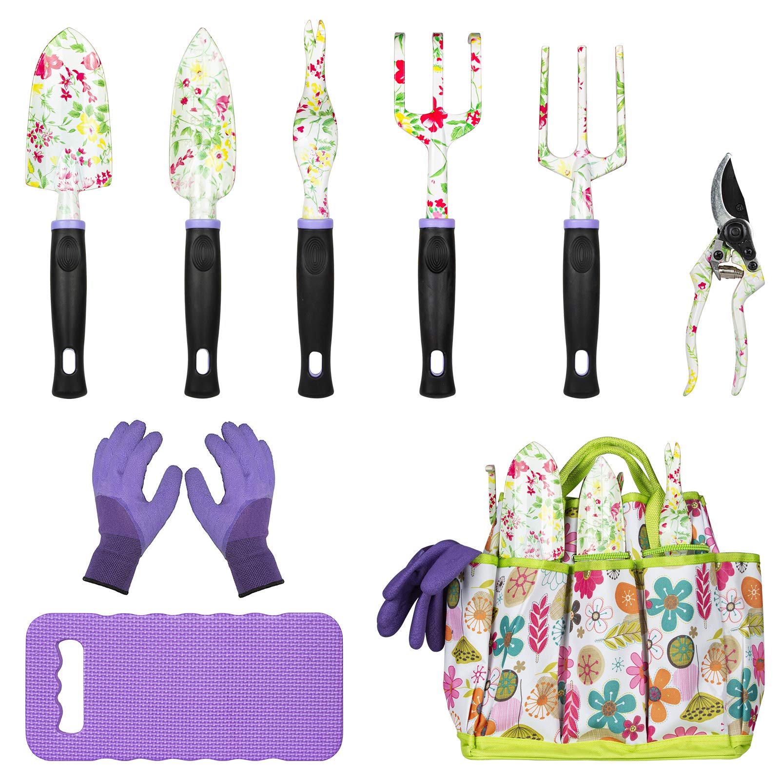 Gardening Tools Set, NANSHI 9 PCS Heavy Duty Aluminum Garden Kit Includes Hand Trowel Rake Pruning Shears with Floral Print, Non-Slip Rubber Handle, Storage Tote Bag, Gardening Gifts for Women