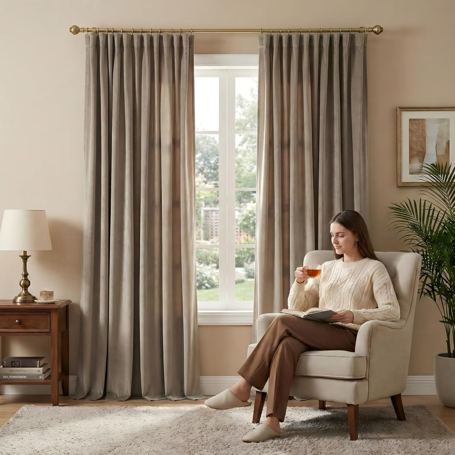 NICETOWN Taupe Velvet Curtains 8 ft, Room Darkening Thermal Insulated Drapes for High Living Room and Bedroom Back Tab Rod Pocket with Pleat Tape, W52 X L96, 2 Panels