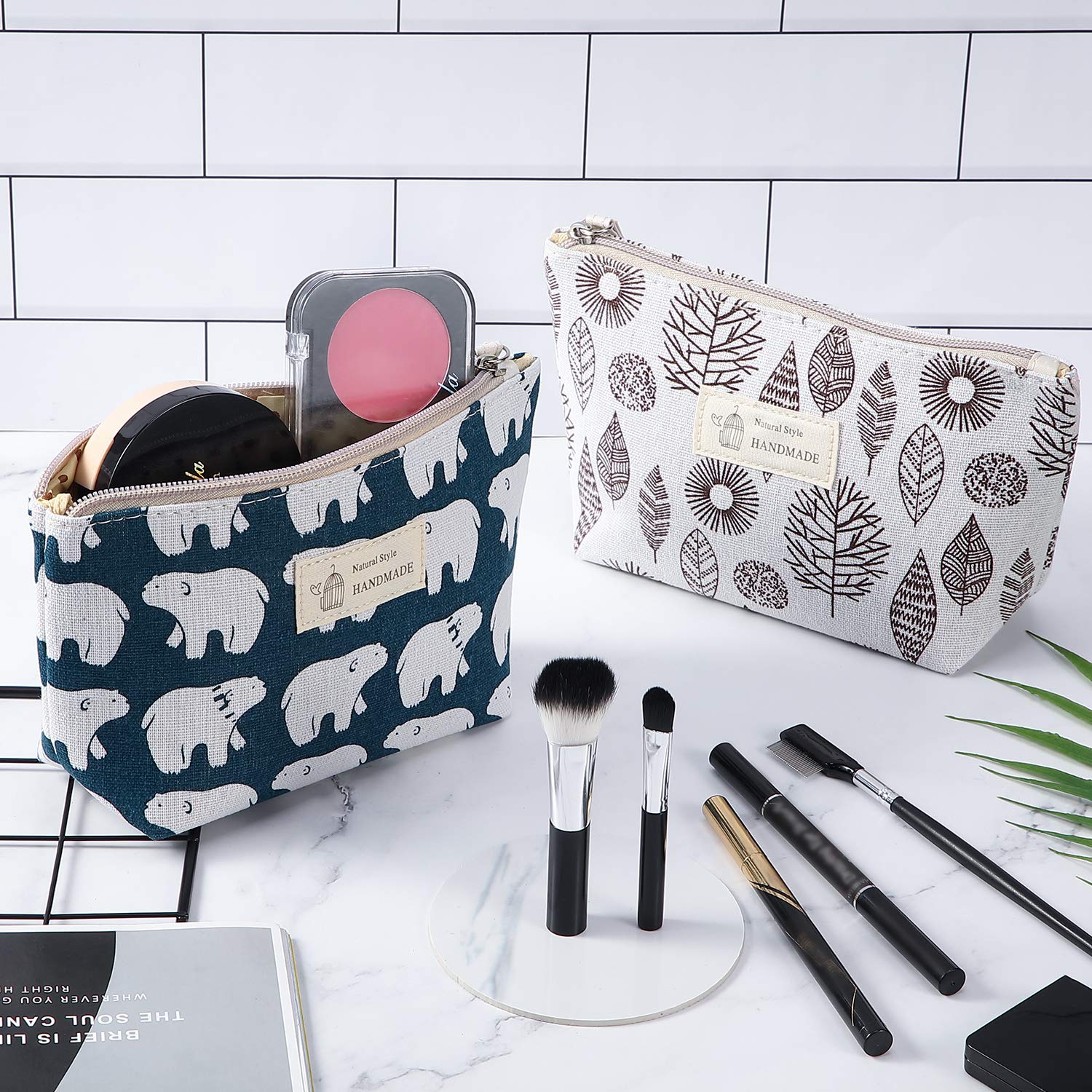 Boao 4 Pcs Canvas Makeup Bags Set Small Cosmetic Pouches for Purse with Zipper Multi Functional Toiletry Travel Case Organizer for Back to School Women Gift, 4 Styles(Small,Whale, Bear, Tree, Leave)