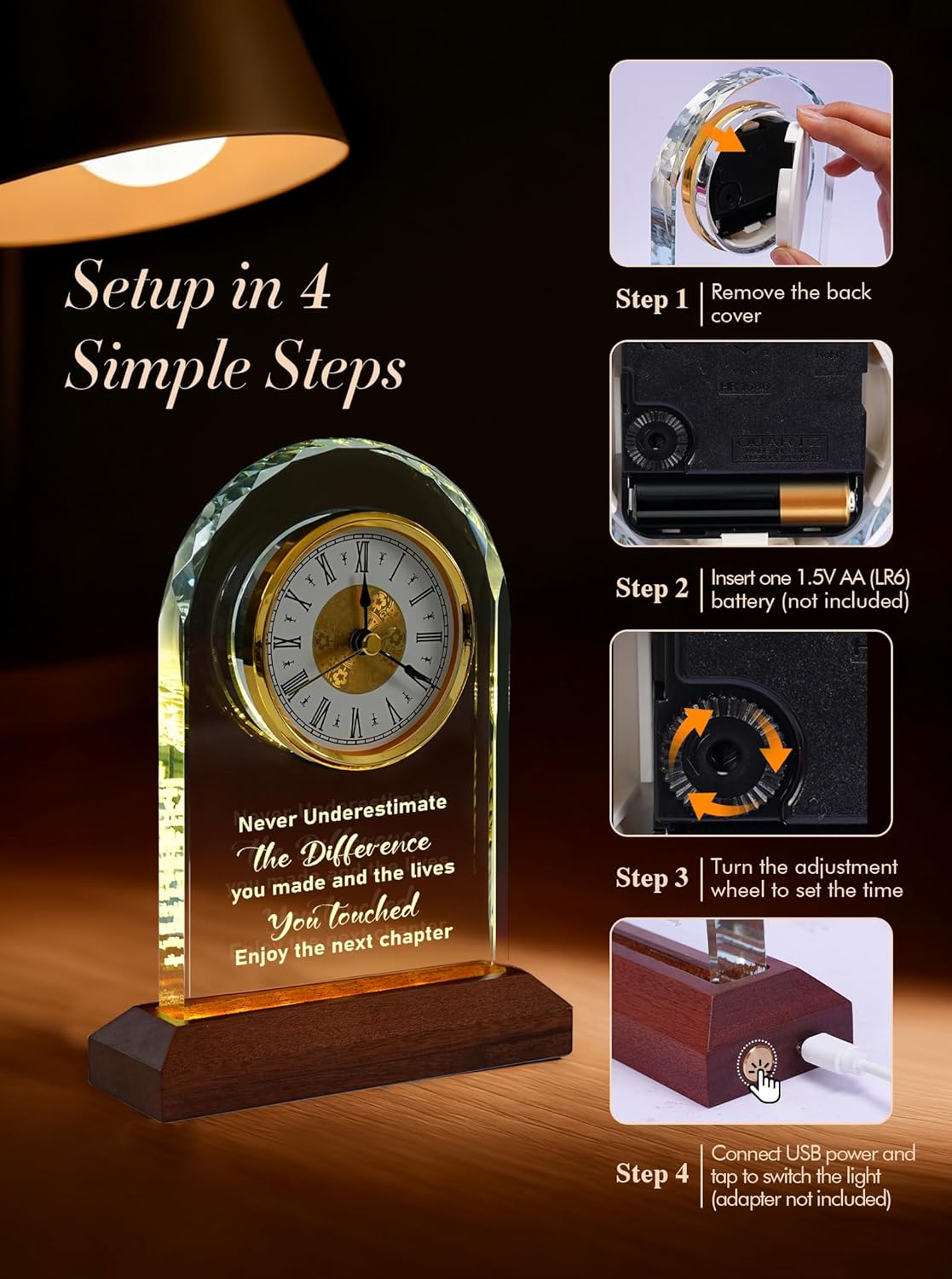 Glass Retirement Clock Gift for Woman Men with Wooden Light Base – Farewell Engraved Plaque for Coworker Boss – Going Away Leaving Gifts – Congratulations Retired Gift Idea for Friends Teacher Doctor