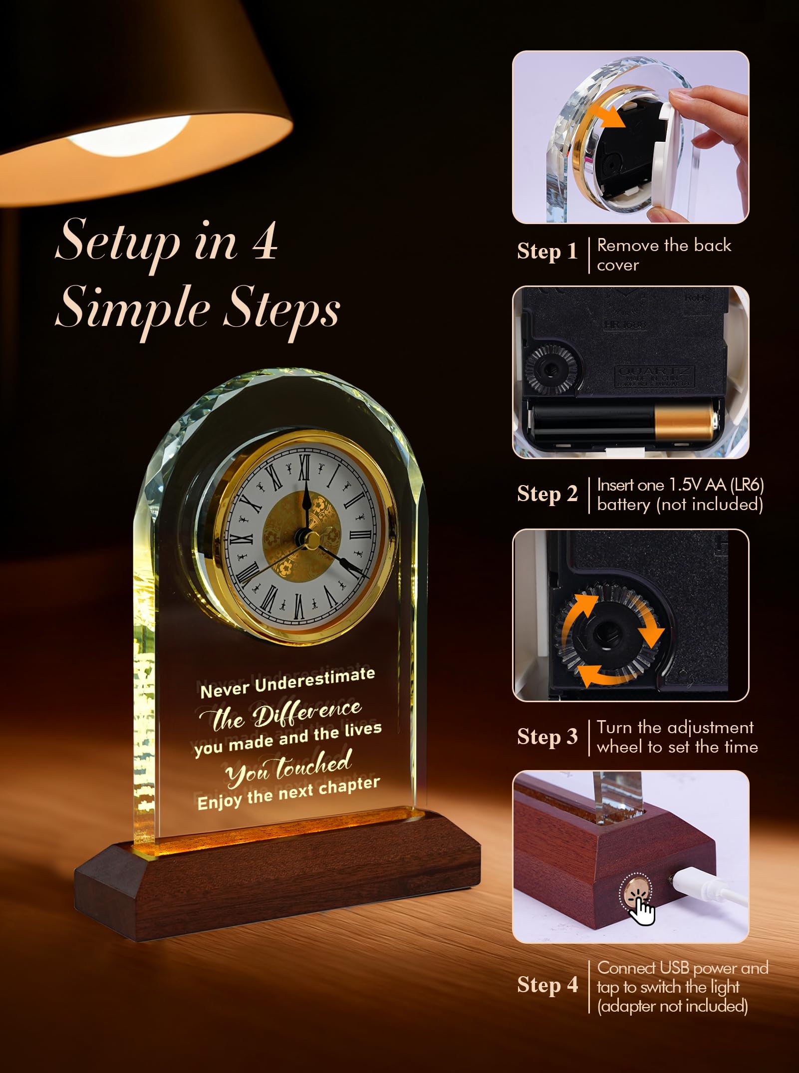 Orologio in vetro per pensionamento, regalo per donna e uomo, con base luminosa in legno, placca incisa addio per collega, capo, idea regalo per congratulazioni in pensione, idea regalo per amici