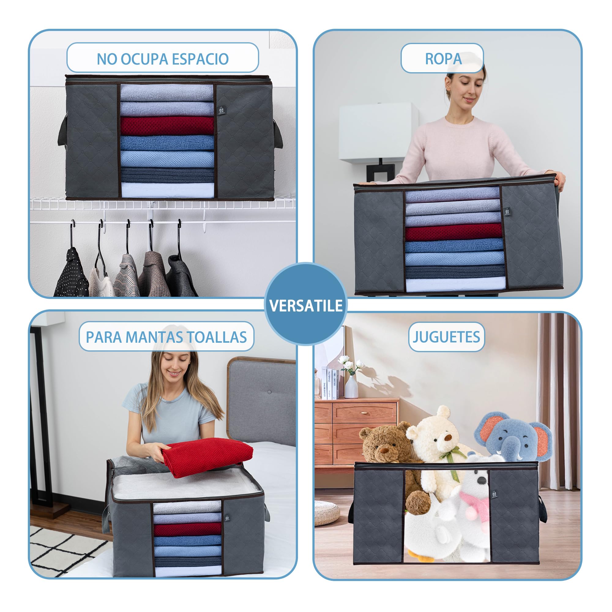 VENO Pack de 3 Bolsas de Almacenaje para Ropa, Bolsas Grandes con Asas y Cremallera para Edredones, Mantas, Ropa, Mudanza. Organizadores de Armarios, Bolsas Transparentes Sostenibles (Gris - 129 L)
