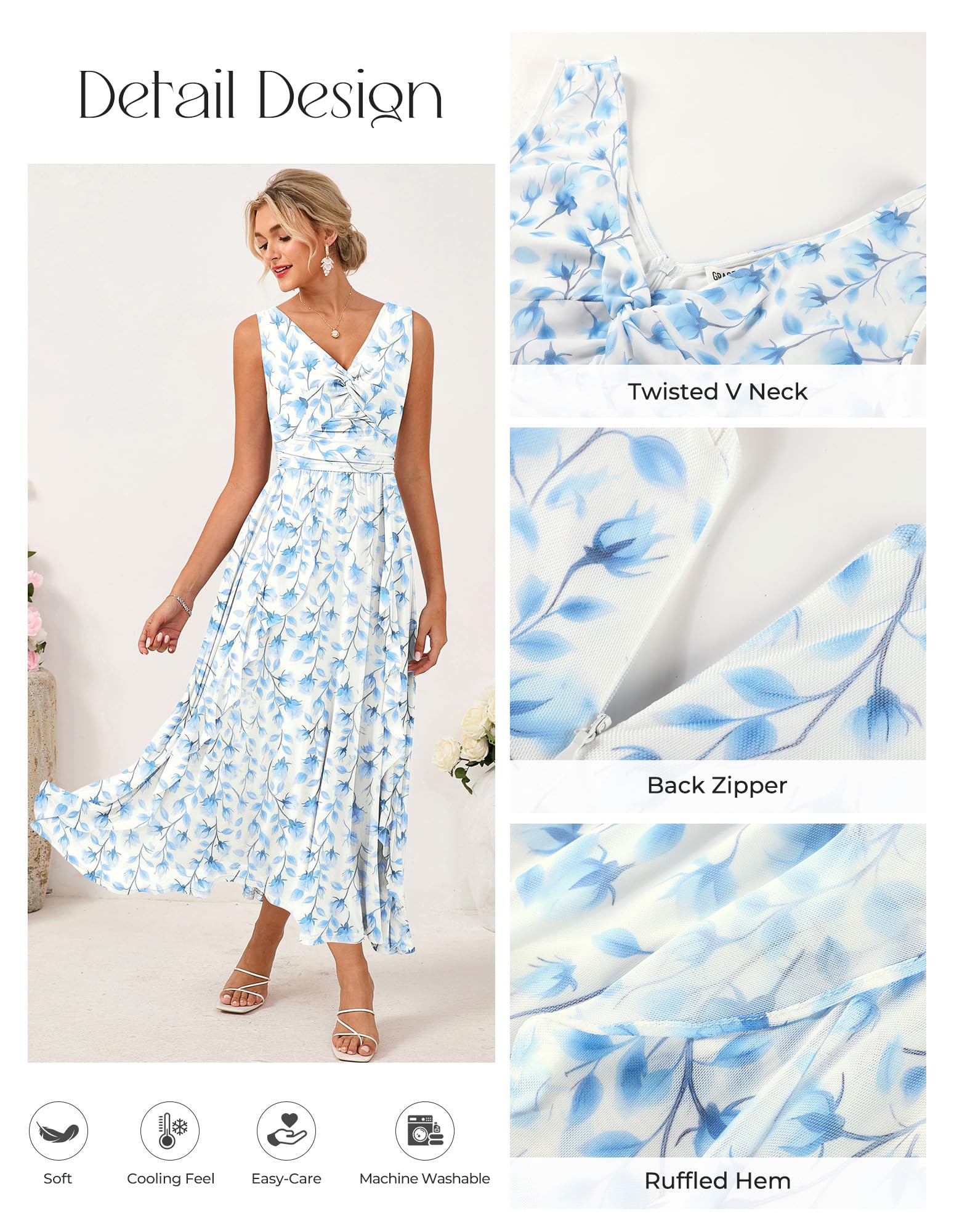 GRACE KARIN Vestido de verano sin mangas con cuello en V para mujer, cintura fruncida y dobladillo con volantes