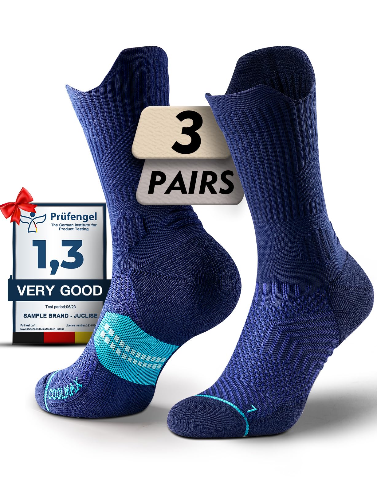 Juclise Coolmax - Calzini da corsa a compressione in viscosa di bambù traspiranti ammortizzati anti-vesciche supporto per arco plantare sport