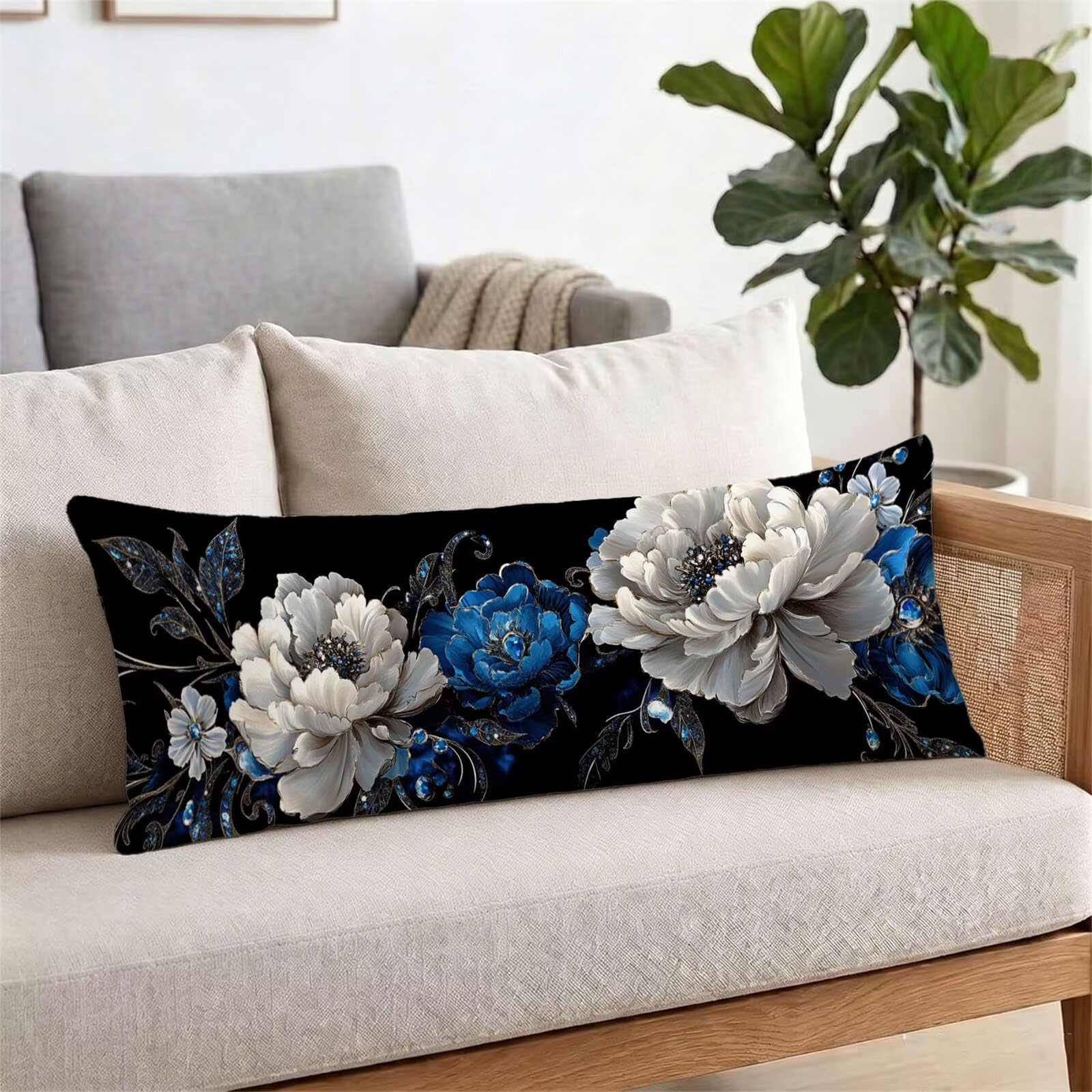 Funda de Almohada 60 x 180 cm Negro Protector Almohada 180 cm con Cremallera Invisible, Lino Durable y Transpirable Pillow Case Largas Flor Impresión a Doble Cara para Cama, Sofá y Dormitorio dg-164
