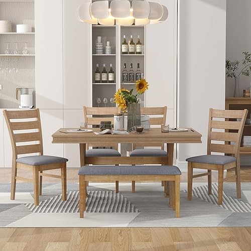 LUMISOL 6 Piece Kitchen Dining Table Set Farmhouse Dining Set with 4 Chairs and 1 Bench Solid Wood Dining Table Set for 6 Persons, 59" L Rectangular Table Upholstered Chair and Bench