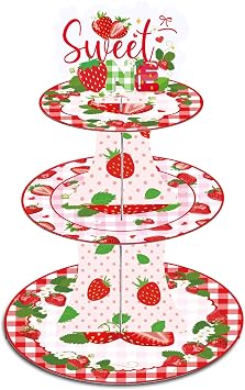زينة حفلة عيد ميلاد Keluna Strawberry - 3 Tier Berry First Cupcake Stand مستلزمات الحفلات القابلة لإعادة الاستخدام حامل برج الحلوى ل Sweet One Birthday Baby Shower Girl