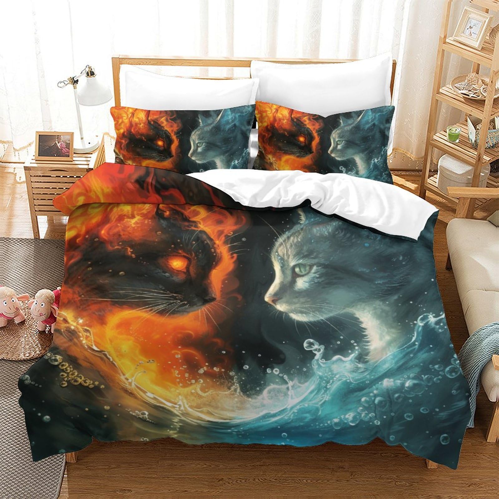 Parure de lit chat flamme 3D en microfibre 200x200 cm avec 2 taies d'oreiller