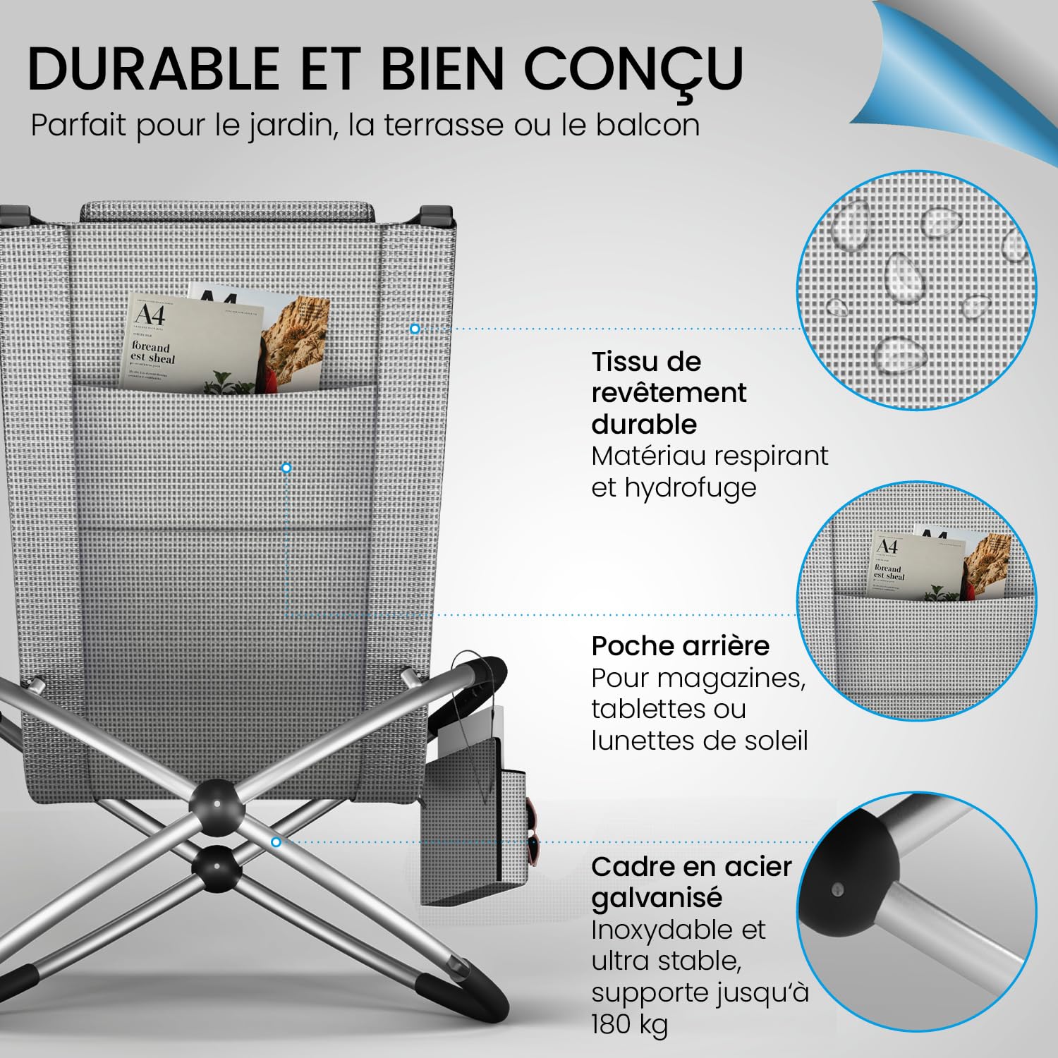 ELONEO Chaise Longue à Bascule Extérieure avec Pochette, Relax Fauteuil Jusqu’à 180 kg, Transat Bascule Jardin Résistant aux Intempéries, Bain de Soleil Balcon et Terrasse, à Carreaux Gris