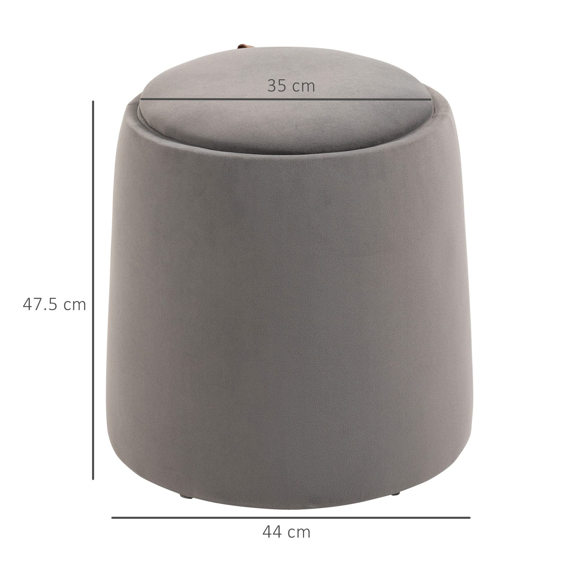HOMCOM Pouf Poggiapiedi in Velluto con Contenitore, Coperchio 2 in 1 con Imbottitura e Lato in Legno, Tavolino da Caffè Rotondo Ø44 x 47.5cm, Grigio