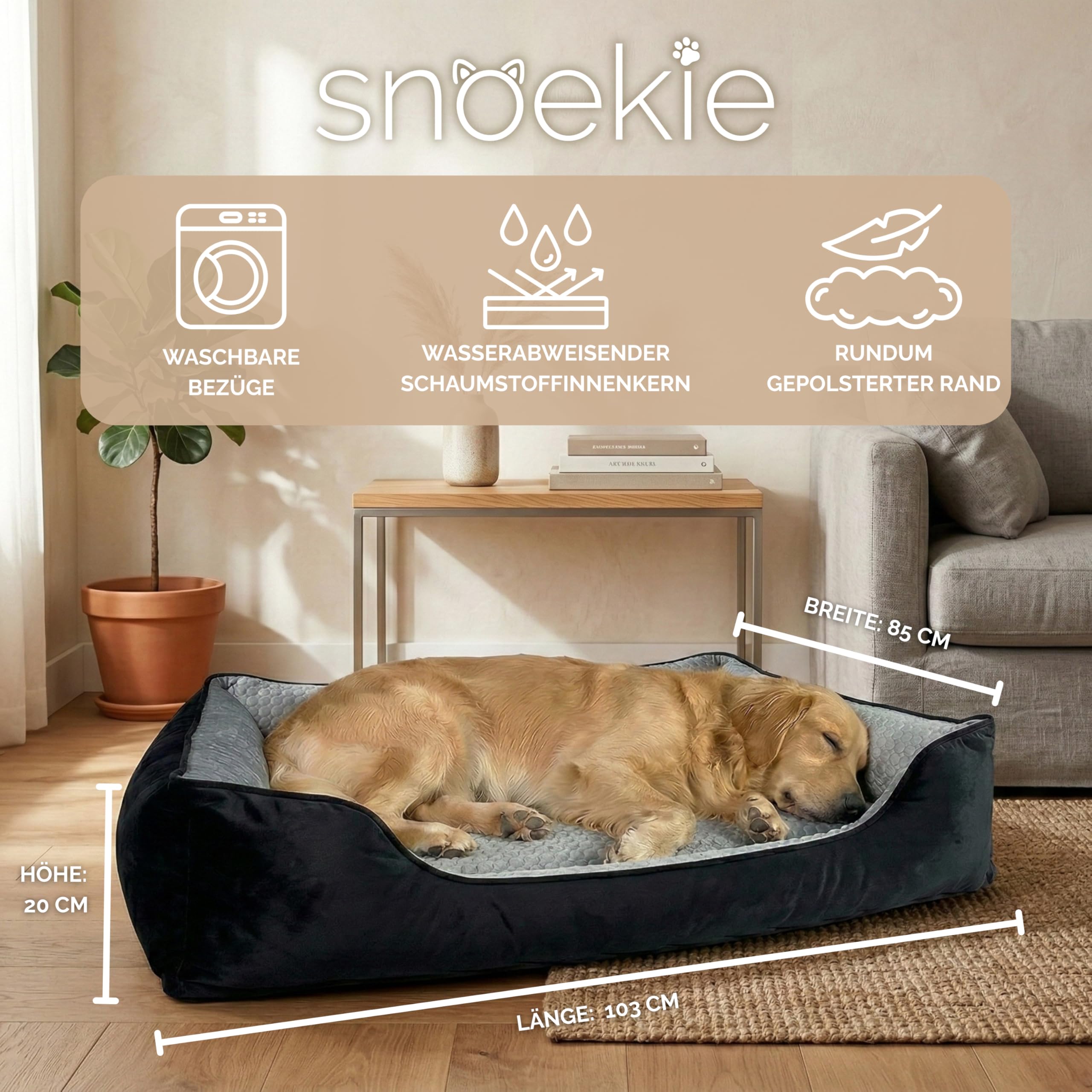 Snoekie weiches Hundebett, wendbares Kissen, Schwarz/Grau, waschbarer Bezug, pflegeleicht, wasserabweisender Kern, XXL 103x85x20 cm große Hunde bis 35 KG + EXTRTA BEZUG