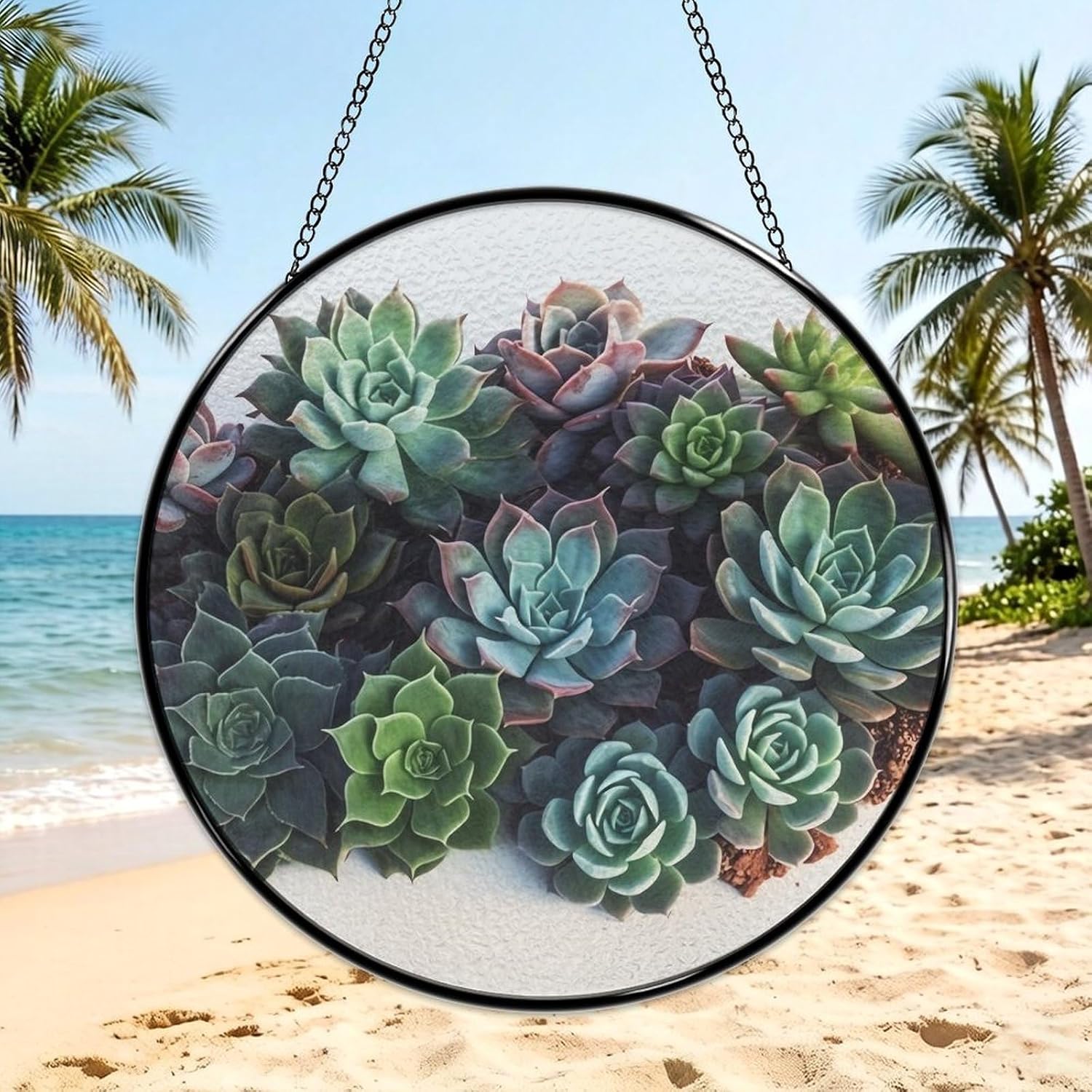 Stained Glass Window Hanging 30x30cm Window Suncatcher Glass Panel with Metal Chain Succulent PlantsSun Catchers Wall Art Home Decor Gift for Women Mother's Day