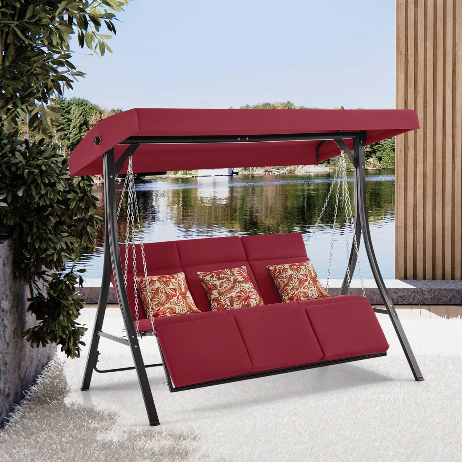 MCombo 3-Seat Convertible Porch Swing for Various Postures, Reclining Outdoor Swing Chair with Chain Armrest, Patio Glider Chair with Thickened Cushions for Backyard, Garden, 4354 (Burgundy)