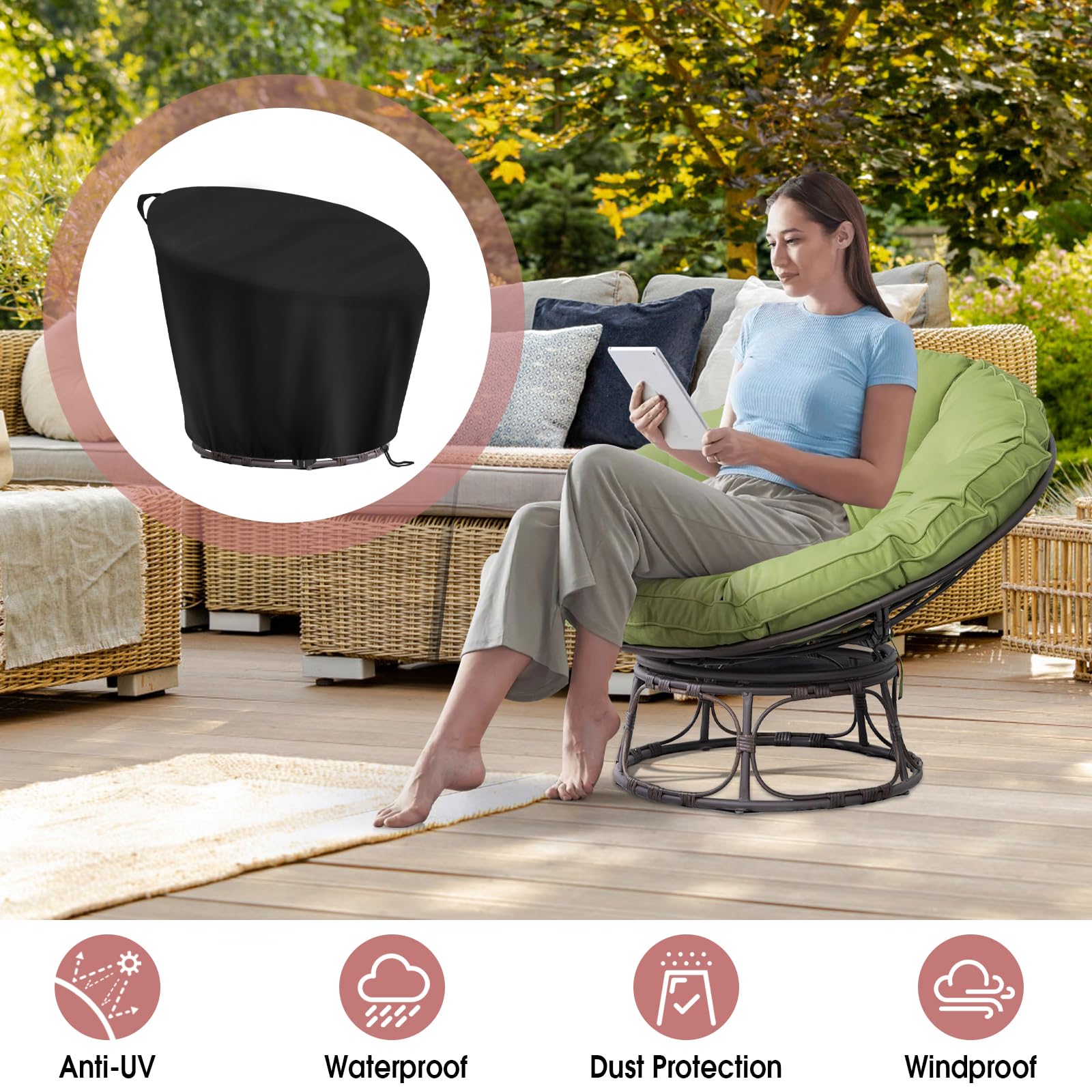 Papasansessel Abdeckung,Loungesessel Abdeckplane Wasserdicht UV-beständige Winddicht Rattansessel Abdeckung für Schaukelstuhl Wohnzimmer und Outdoor Drehsessel Staubschutzhülle - 119x89/46cm