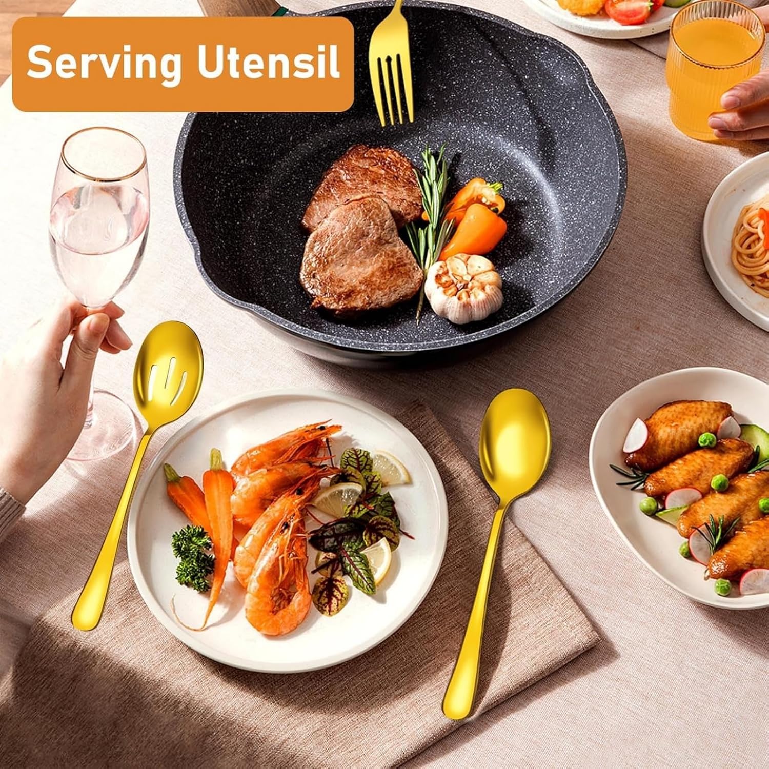 20 Pcs Gold Serving Utensils Set Premium Stainless Steel Serving Flatware with Tongs Spoons Forks Slotted Spoon Ladle and Cake Server for Kitchen Banquet Wedding Buffet Catering Party