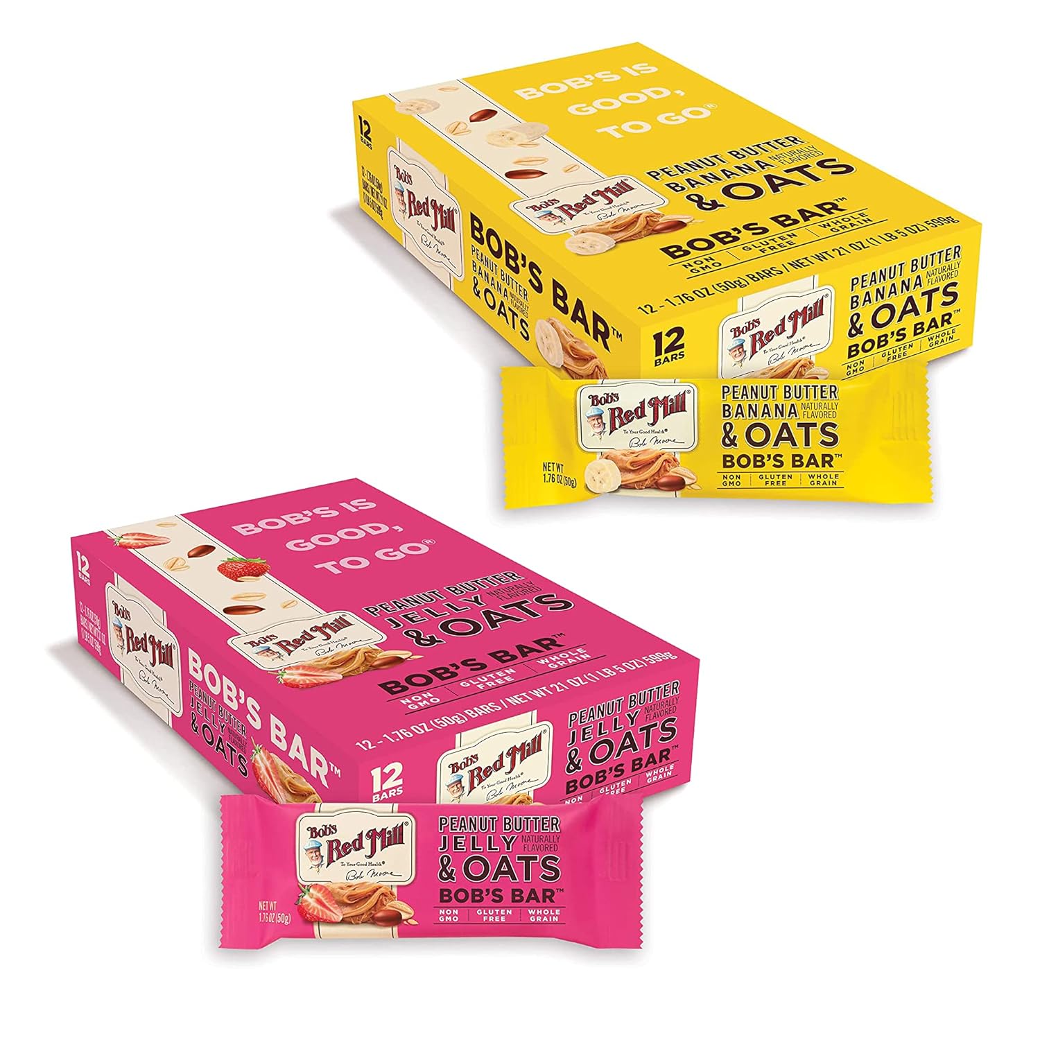 Bob's Red Mill Bob's Bar Variety Pack, Peanut Butter Jelly and Banana Flavors, Gluten Free, 24 Bars (2 Packs of 12)