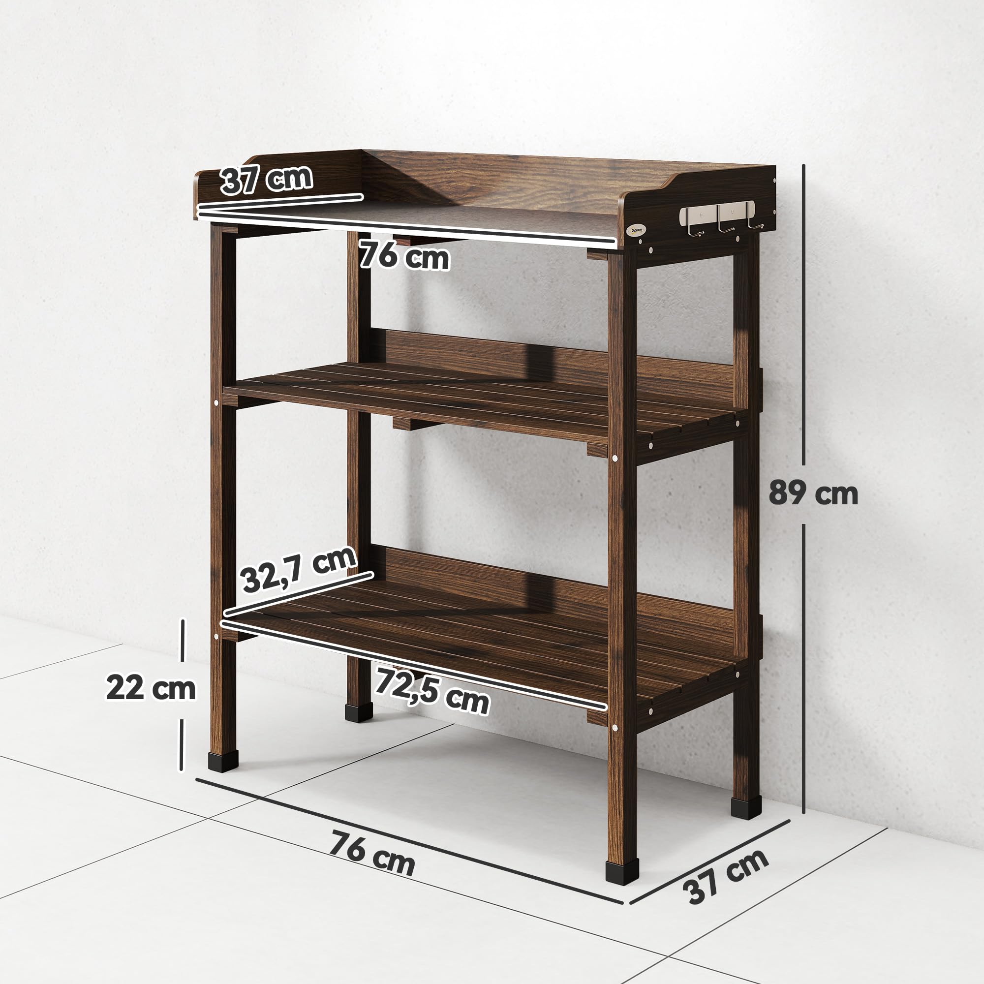 Outsunny Mesa de Plantación de Madera de 3 Niveles, Mesa de Jardinería con Placa Metálica, 2 Estantes y Ganchos, Resistente a la Intemperie, para Jardín, Terraza, Balcón, 76x37x89 cm, Carbonizado