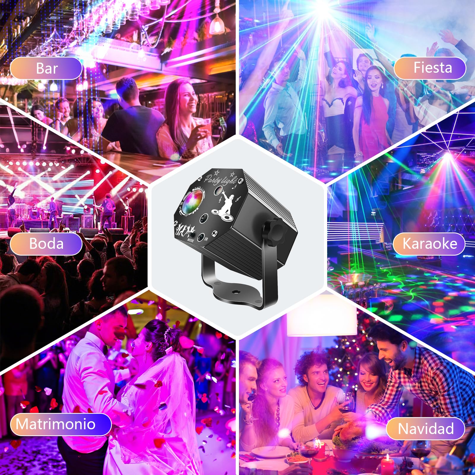 Tomshine 3-en-1 Mini Luz de Fiesta, 72 Patrones, Luz Disco RGB con Control Remoto y Control de Sonido, Estroboscopio RGB, Caja de Aluminio Negro, Ideal para Fiestas, Cumpleaños, Escenarios