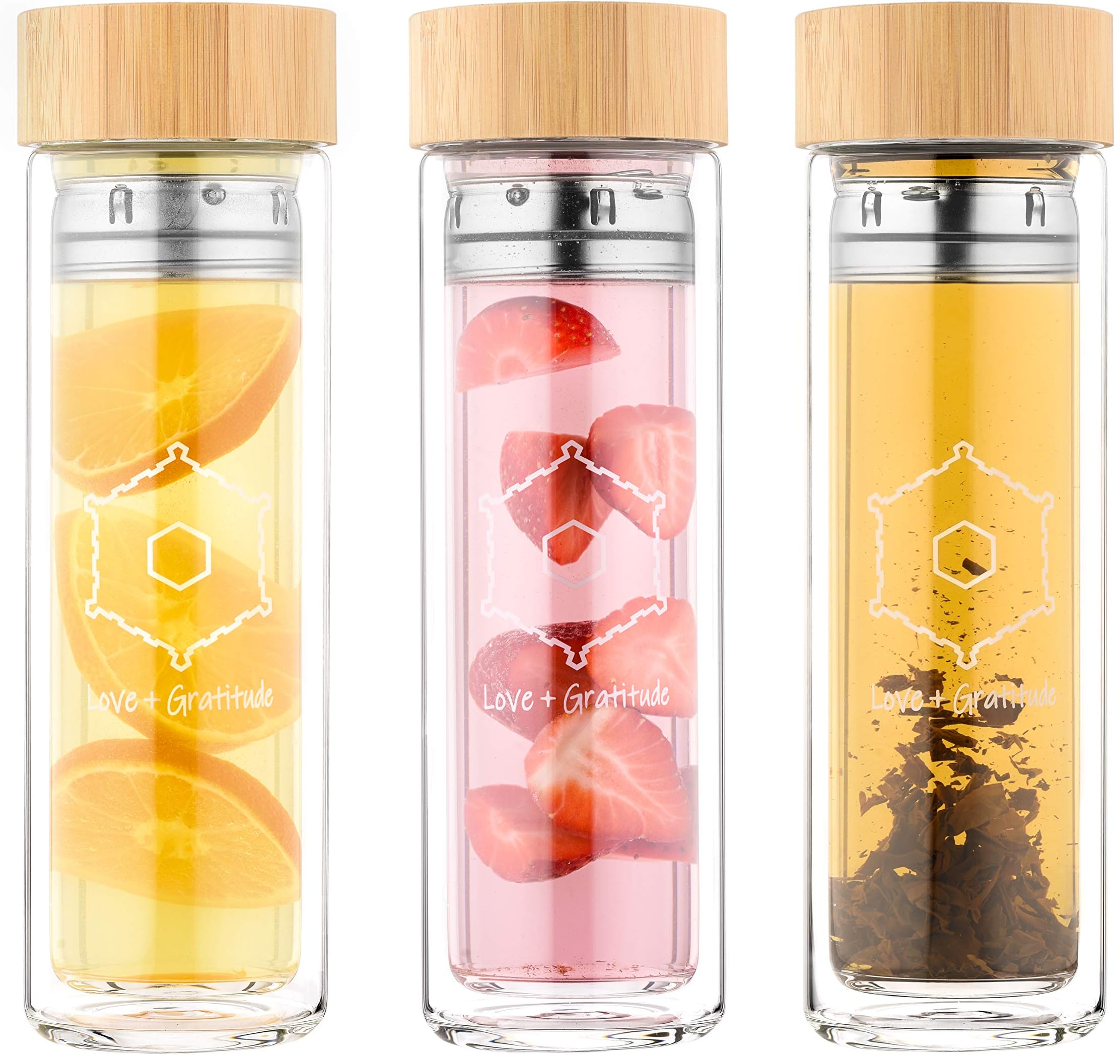 UNICHE EMOTO Inspired Glass Bottle with Infuser + Strainer for Loose Leaf & Ice Tea, Cold Brew Coffee or Fruit Water. Bamboo Lid 450ml. Travel Bottle