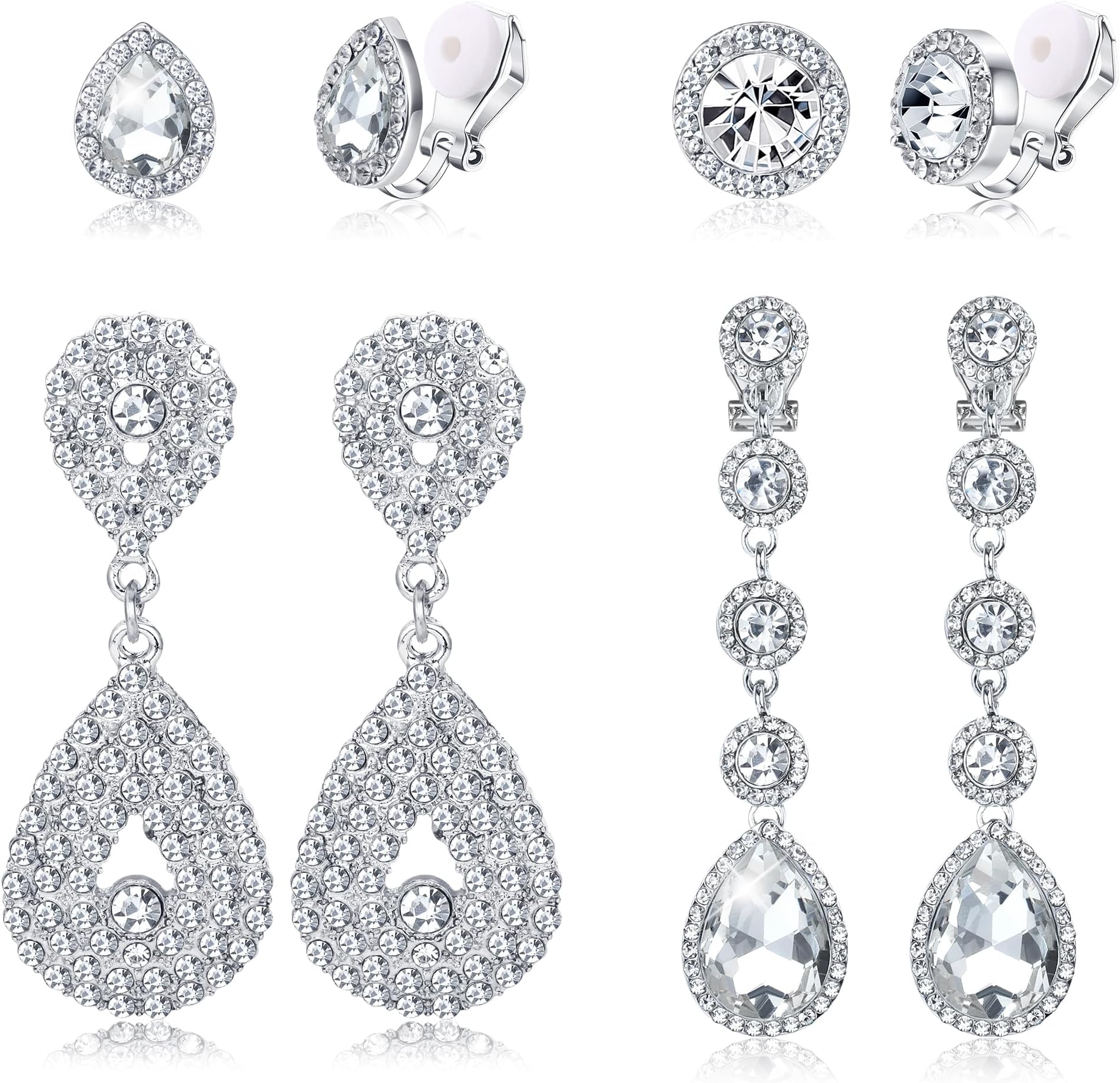 4 Pairs Silver Clip on Earrings for Women Elegant Rhinestone Clip on Earrings Dangle Drop for Brides Bridesmaids Non Pierced Earrings Set