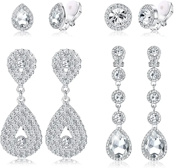 Jstyle 4 Pairs Silver Clip on Earrings for Women Elegant Rhinestone Clip on Earrings Dangle Drop for Brides Bridesmaids Non Pierced Earrings Set