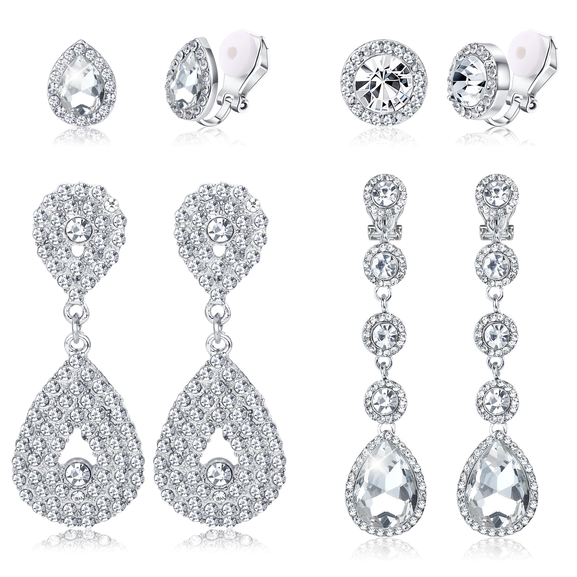 Jstyle 4 Pairs Silver Clip on Earrings for Women Elegant Rhinestone Clip on Earrings Dangle Drop for Brides Bridesmaids Non Pierced Earrings Set