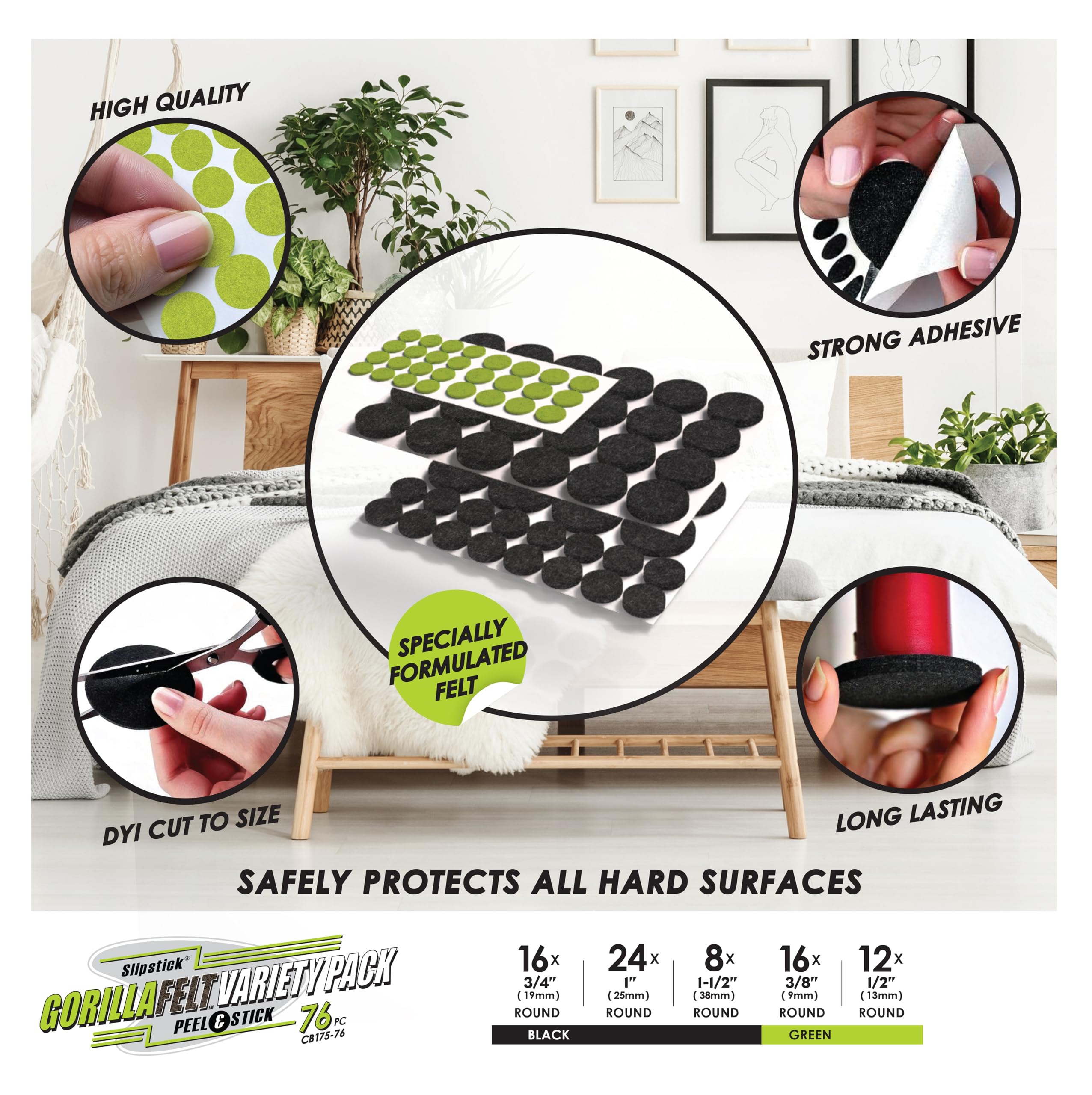 Slipstick Gorilla Felt Furniture Pads (76 Piece Variety Pack) Premium Furniture Pads & Chair Leg Floor Protectors for Hardwood Floors & Hard Surfaces - Image 2