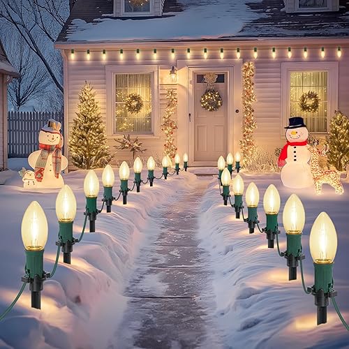 Miniatura 9 de Luces LED C9 de 30 pies para caminos de Navidad al aire libre, 20 bombillas multicolor, impermeables, conectables, luces de Navidad con estacas para