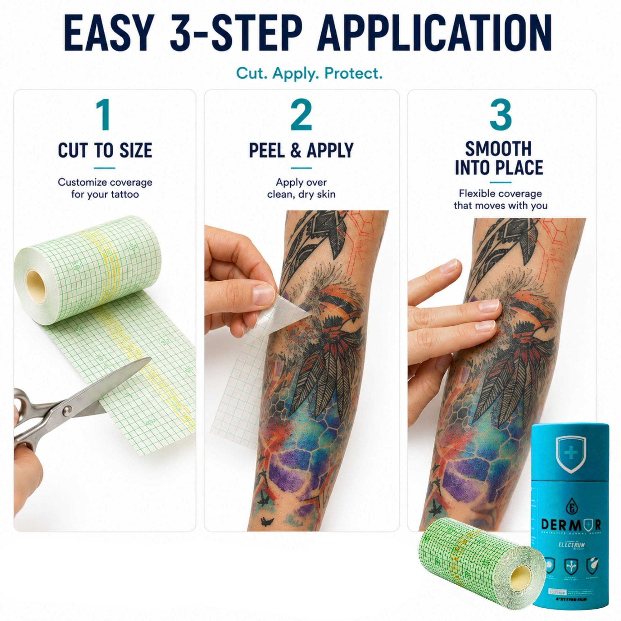 Electrum Dermor Tattoo Aftercare Bandage Roll, 6 in x 11 yd, Waterproof Matte Film, Up to 100 Applications : Beauty & Personal Care