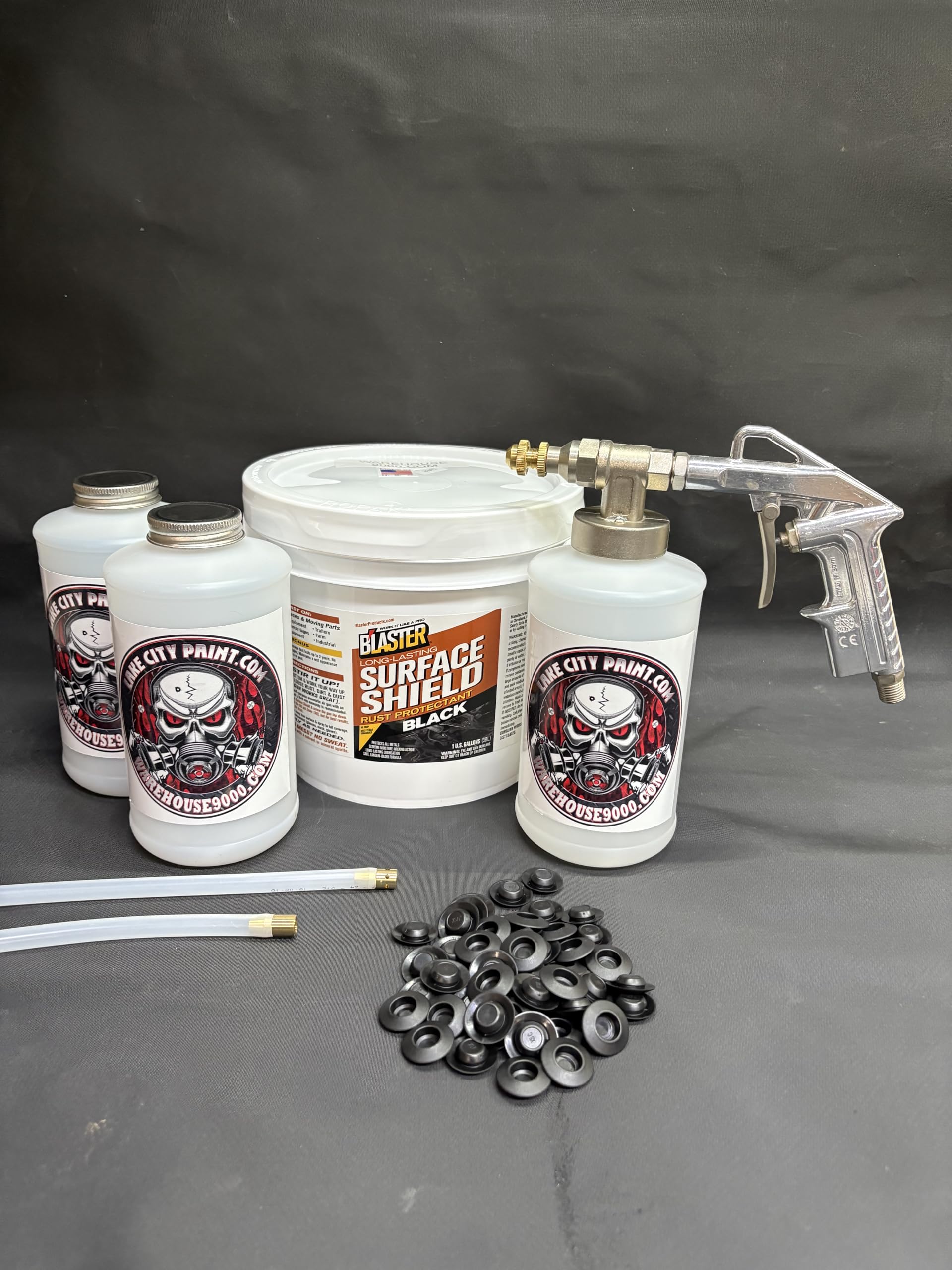 Gallon Black PB Blaster Surface Shield, with Pro Undercoating Gun, 2 Wands, 3 Quart Bottles, and 50 Rust Plugs